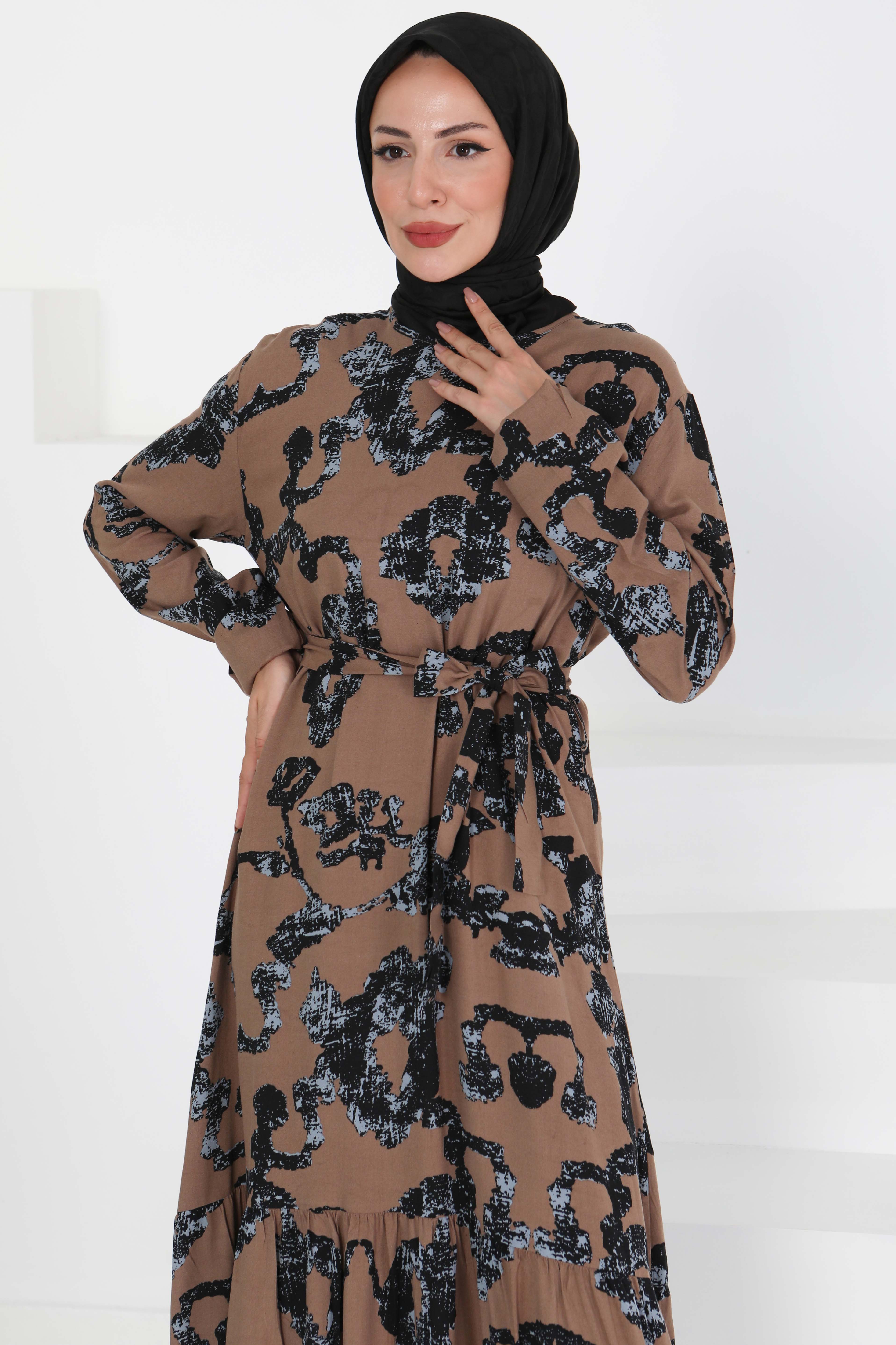 Desenli Kuşaklı Elbise - 27429 - 2
