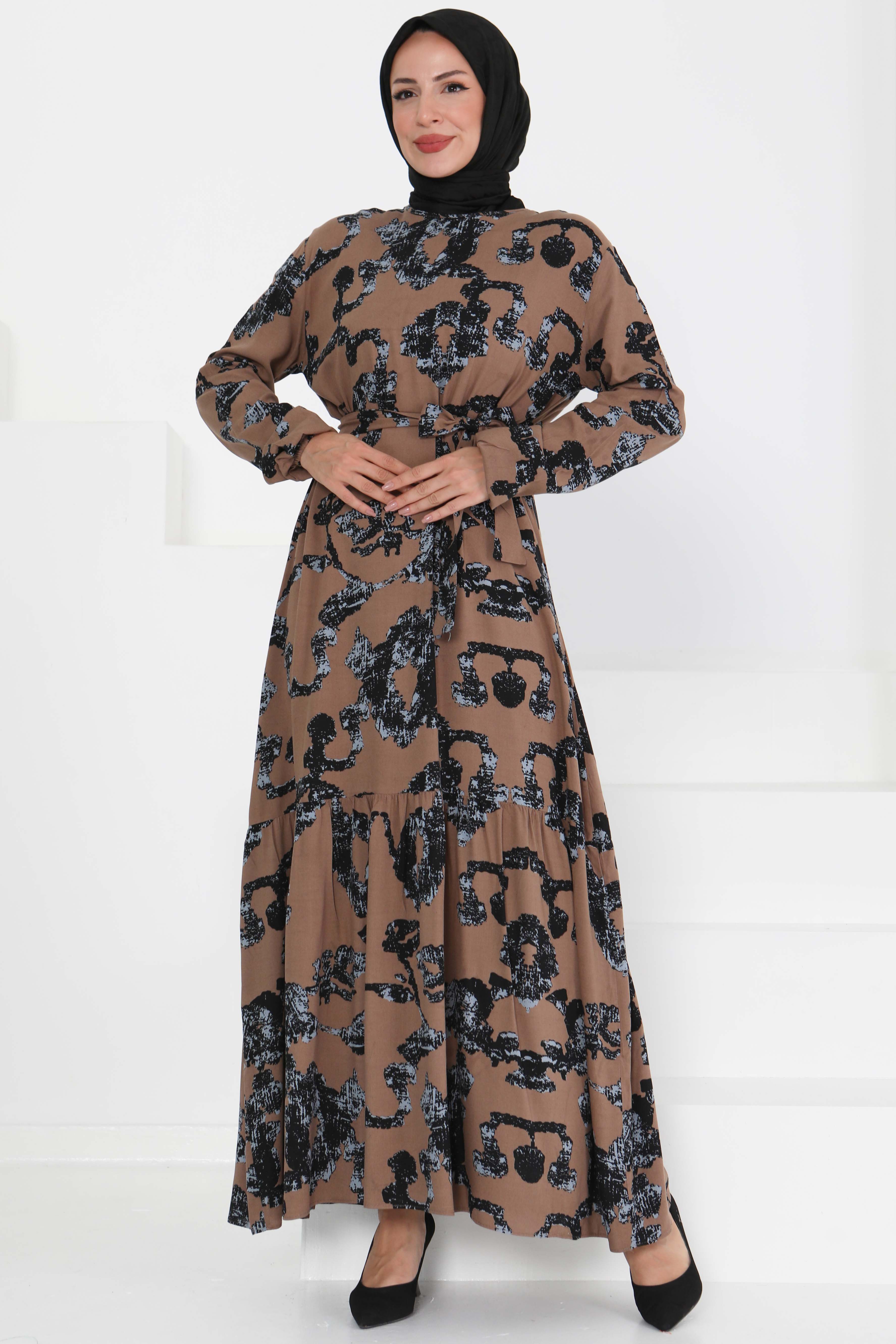 Desenli Kuşaklı Elbise - 27429 - 3