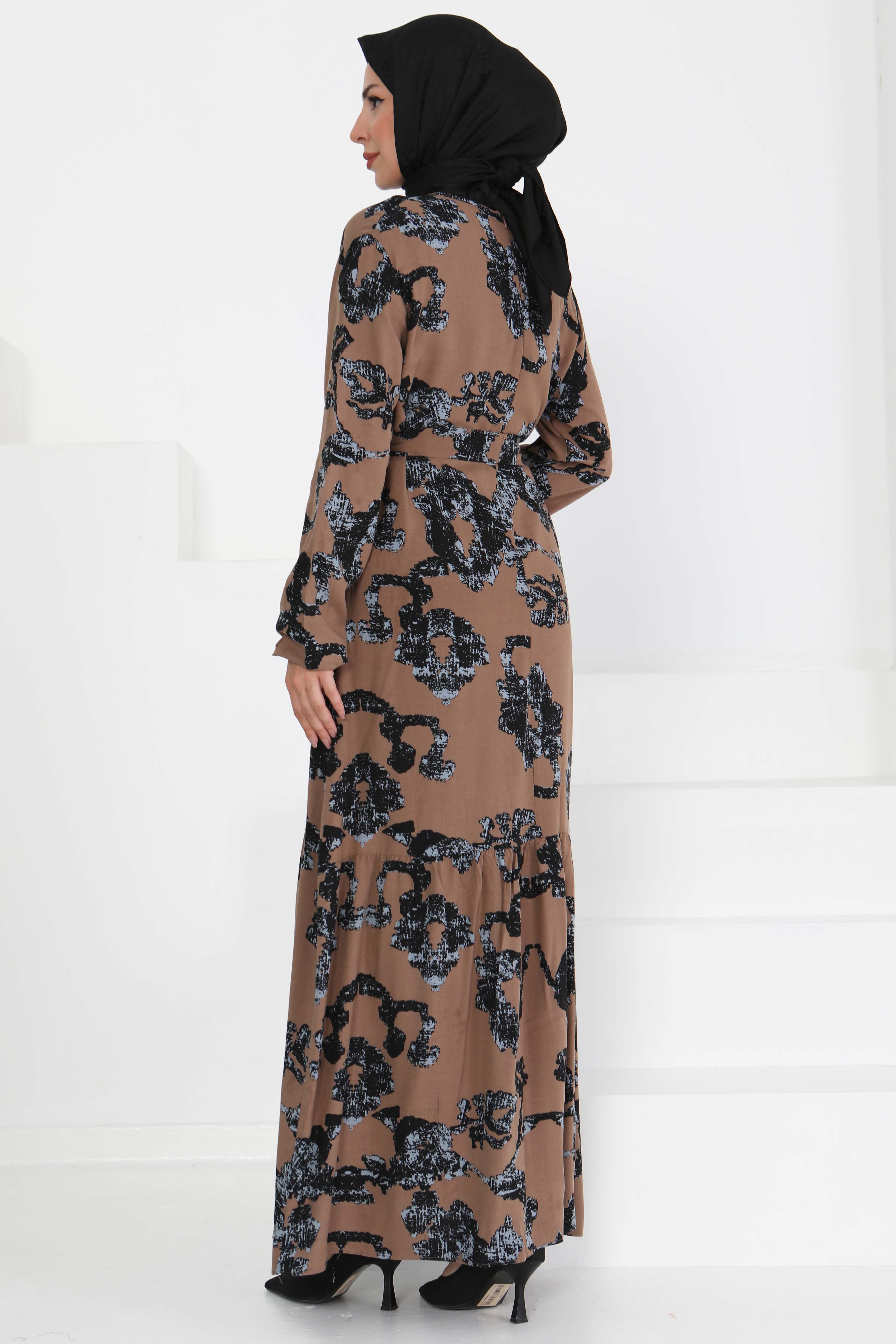 Desenli Kuşaklı Elbise - 27429 - 5