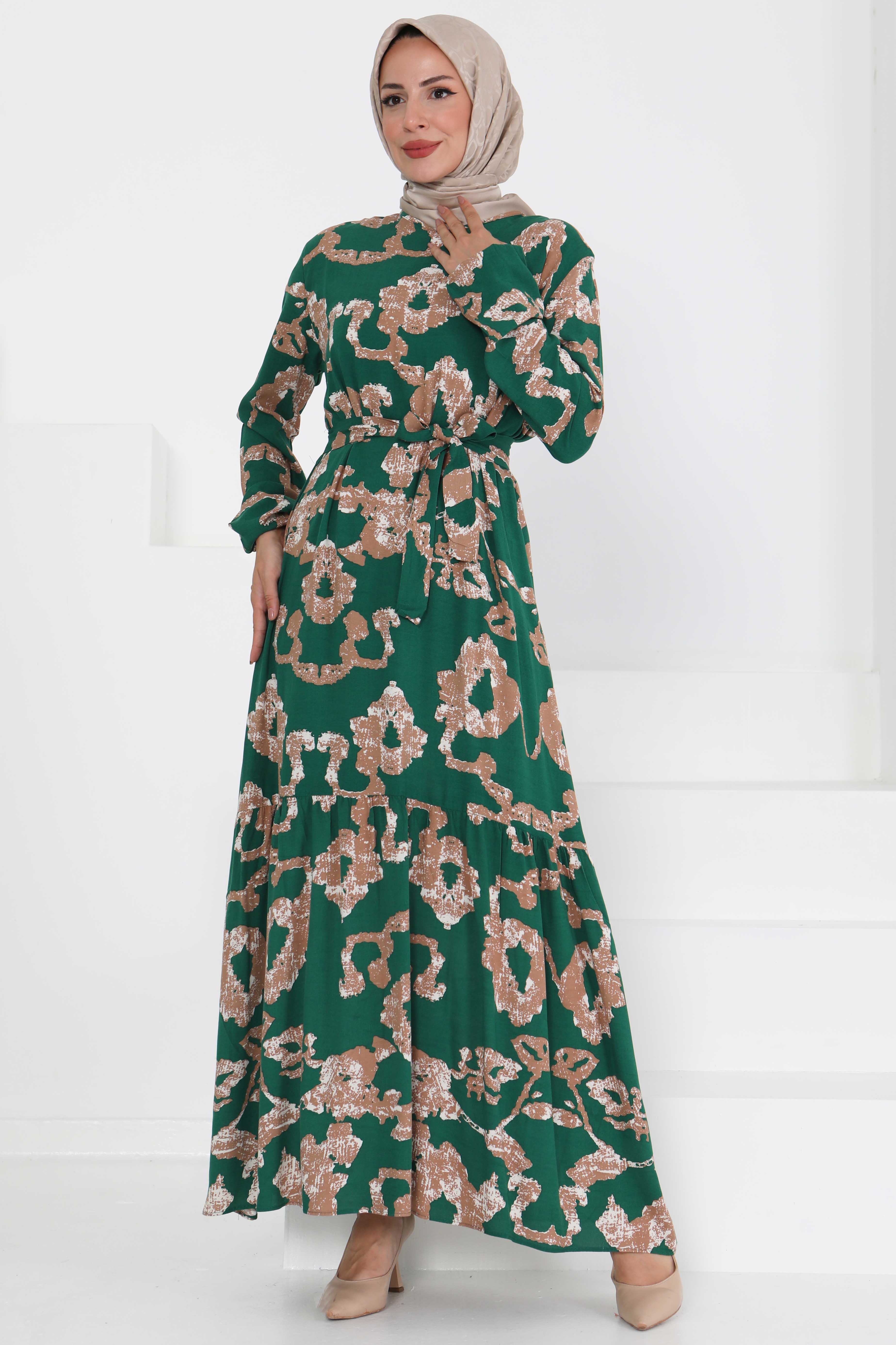 Desenli Kuşaklı Elbise - 27429 - 1