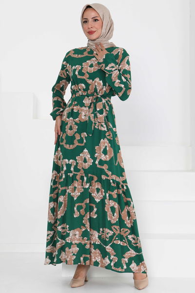 Desenli Kuşaklı Elbise - 27429 