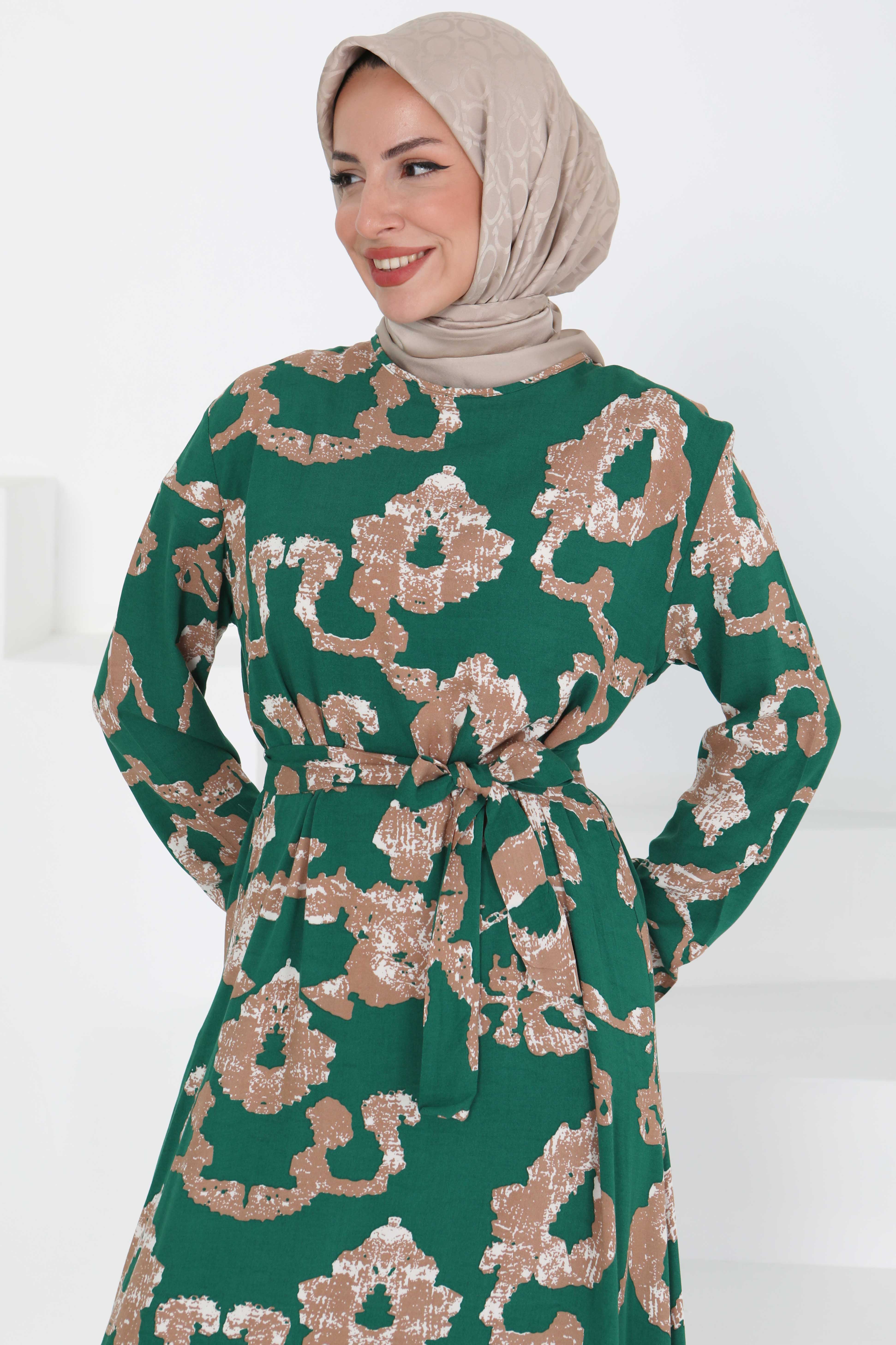 Desenli Kuşaklı Elbise - 27429 - 2