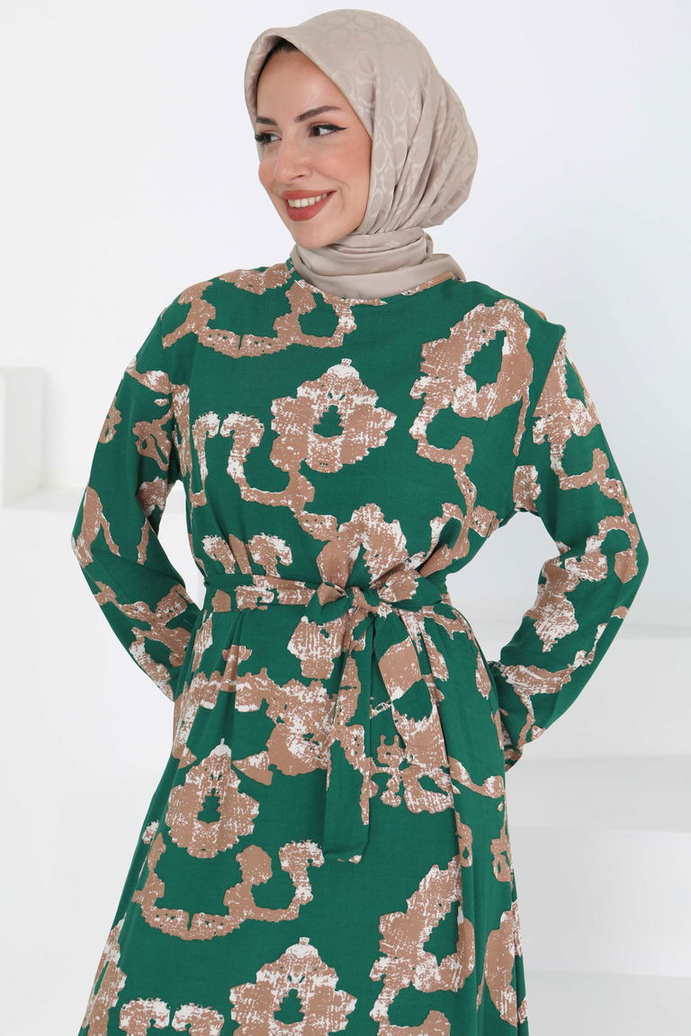 Desenli Kuşaklı Elbise - 27429 - TOFİSA