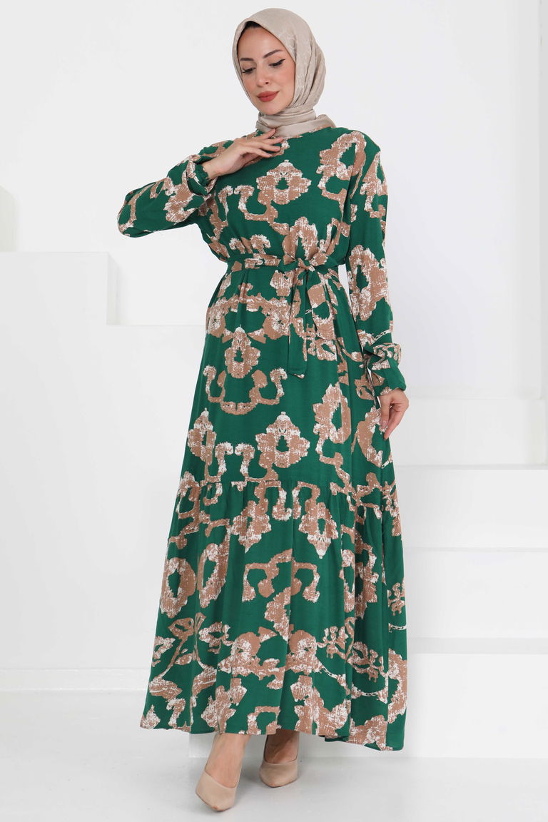 Desenli Kuşaklı Elbise - 27429 - TOFİSA