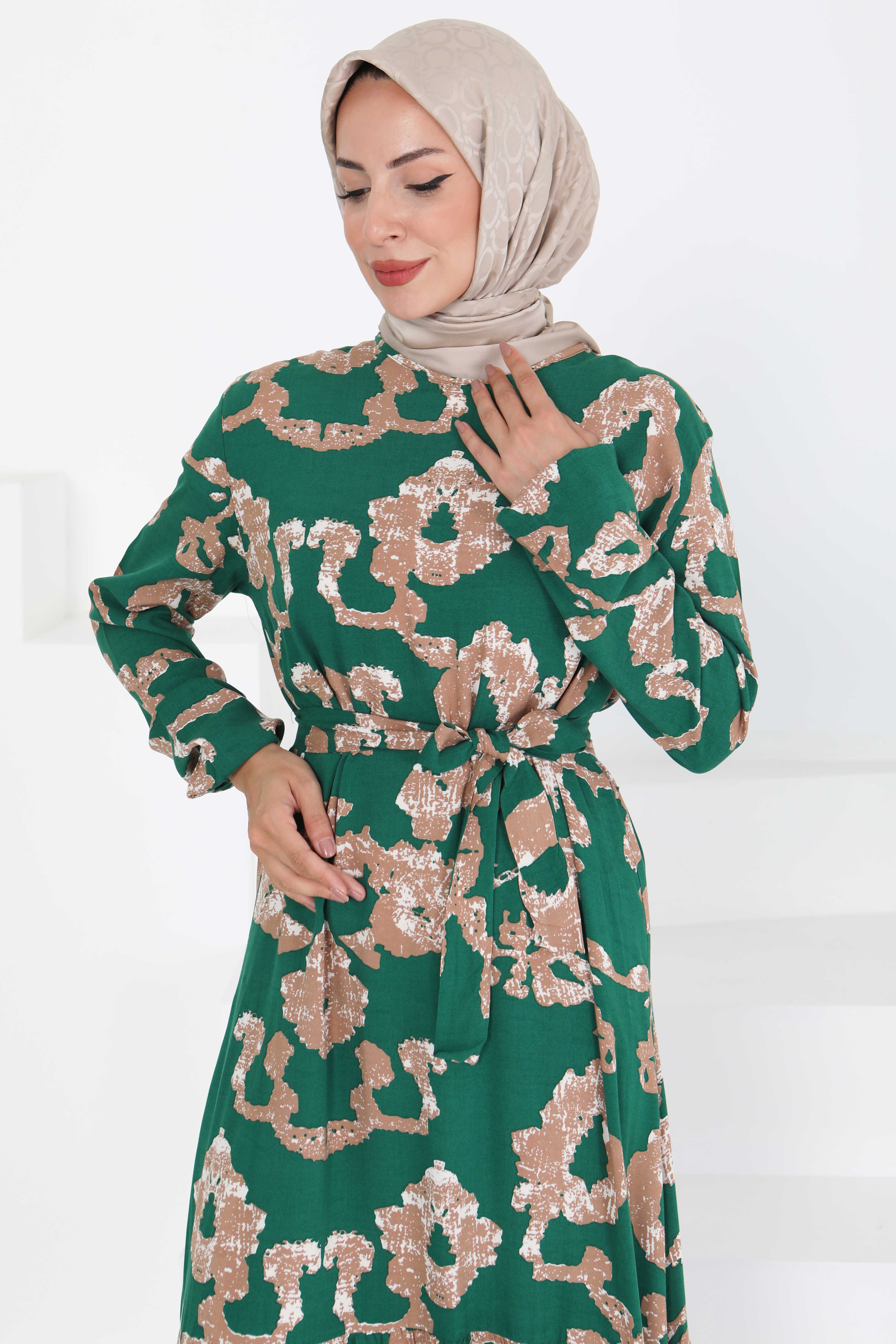 Desenli Kuşaklı Elbise - 27429 - 4