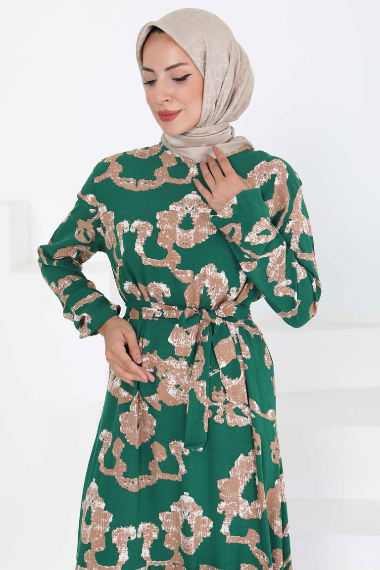 Desenli Kuşaklı Elbise - 27429 - TOFİSA