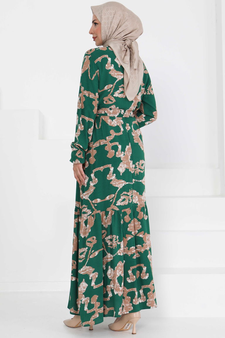 Desenli Kuşaklı Elbise - 27429 - TOFİSA