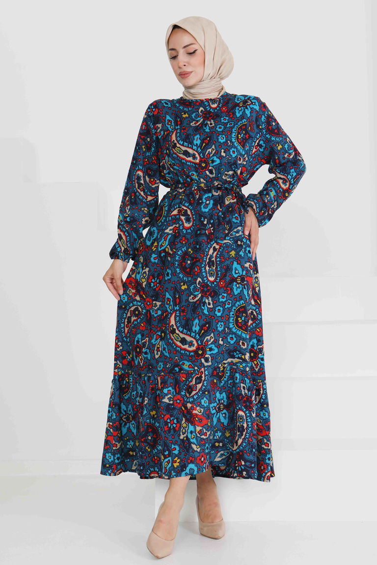 Desenli Kuşaklı Elbise - 27472 - TOFİSA