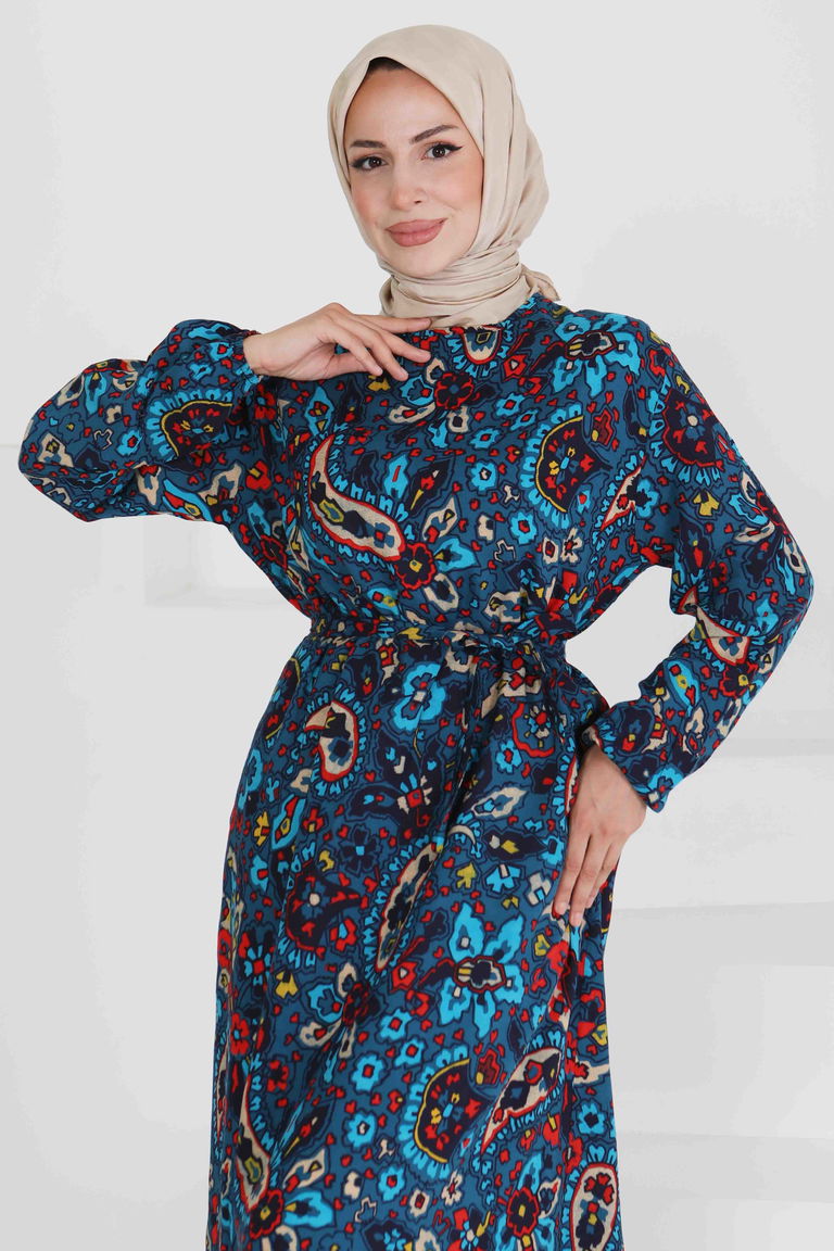 Desenli Kuşaklı Elbise - 27472 - TOFİSA