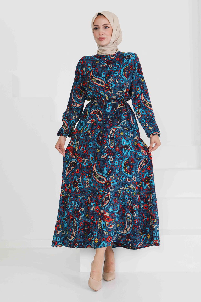 Desenli Kuşaklı Elbise - 27472 - TOFİSA