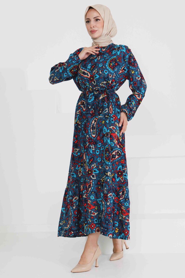 Desenli Kuşaklı Elbise - 27472 - TOFİSA