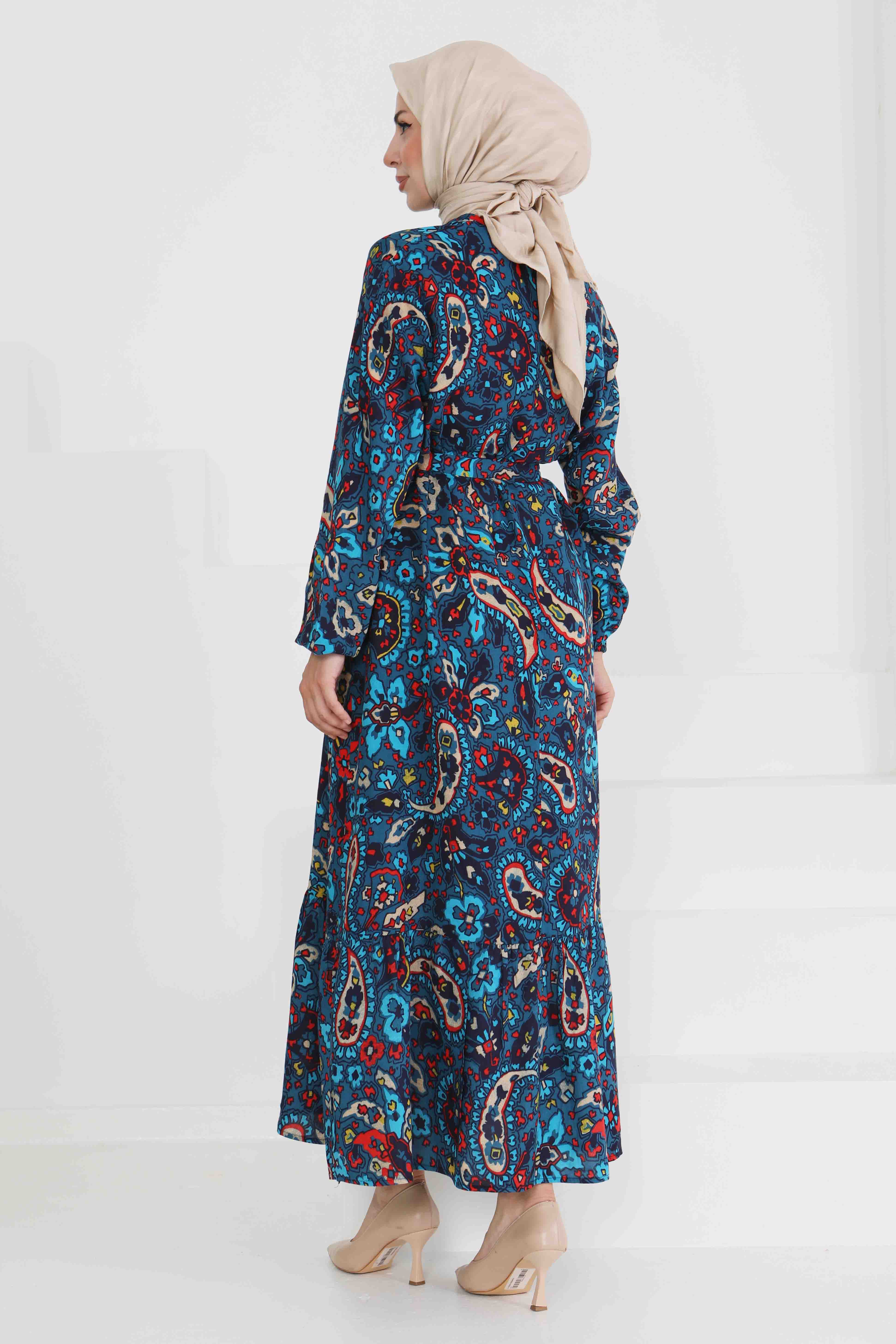 Desenli Kuşaklı Elbise - 27472 - 6