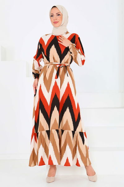 Desenli Kuşaklı Elbise - 27516 