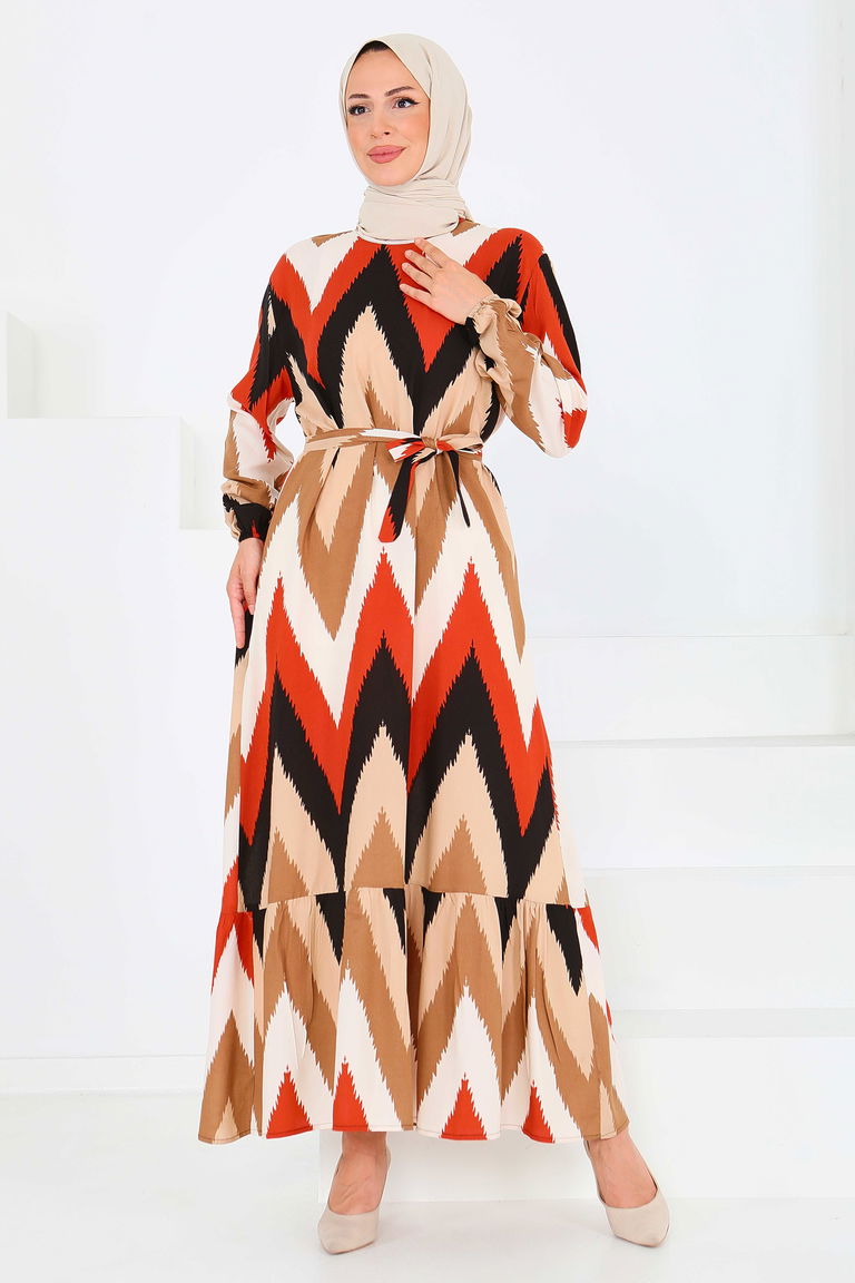 Desenli Kuşaklı Elbise - 27516 - TOFİSA