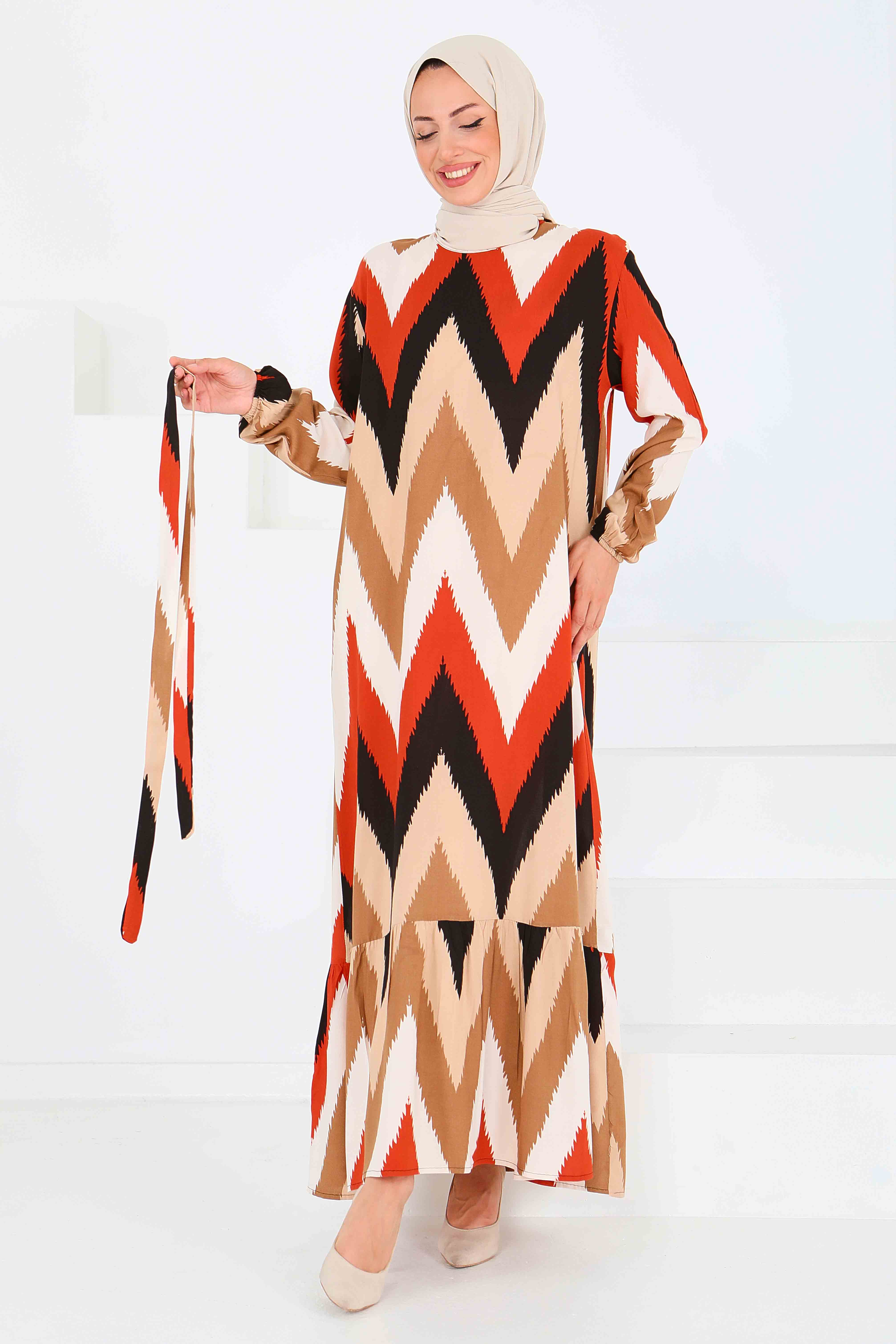 Desenli Kuşaklı Elbise - 27516 - 2