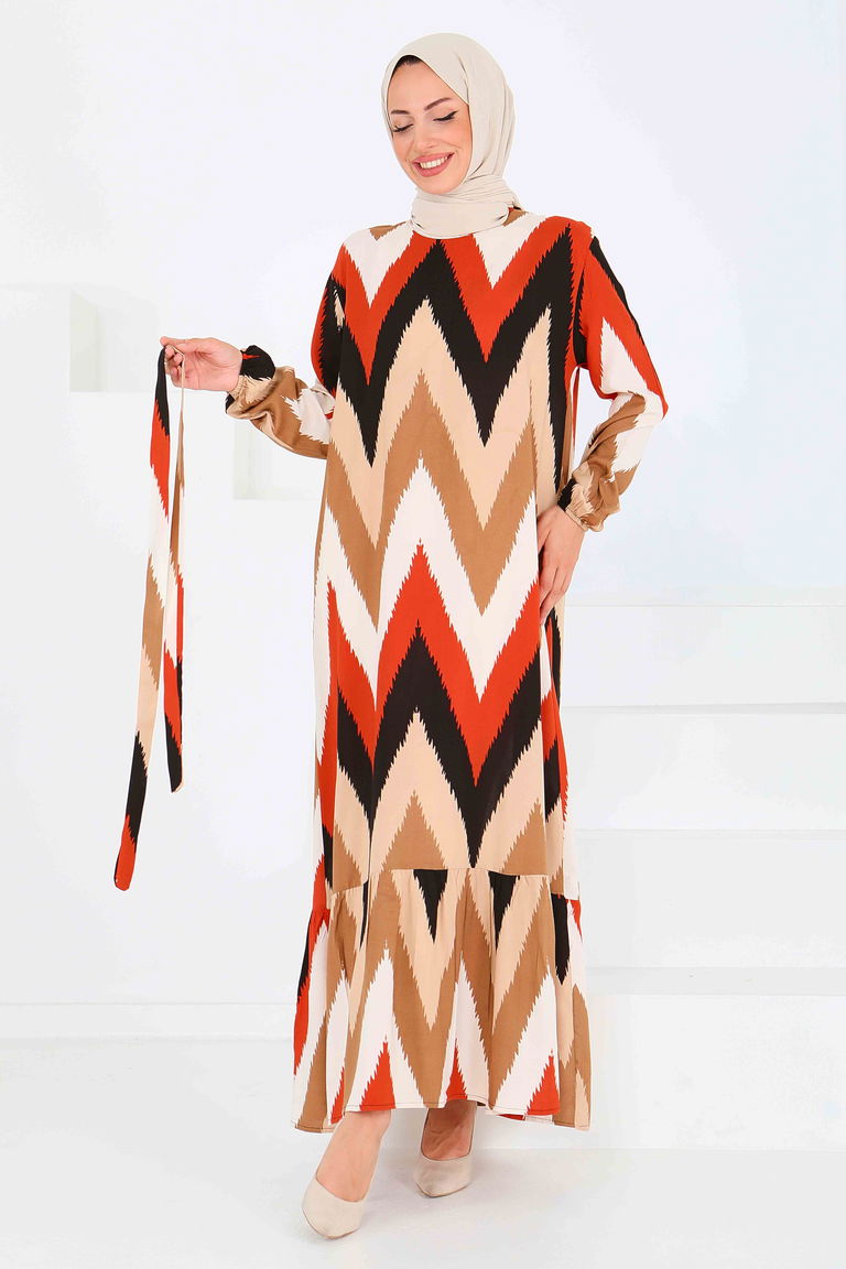 Desenli Kuşaklı Elbise - 27516 - TOFİSA