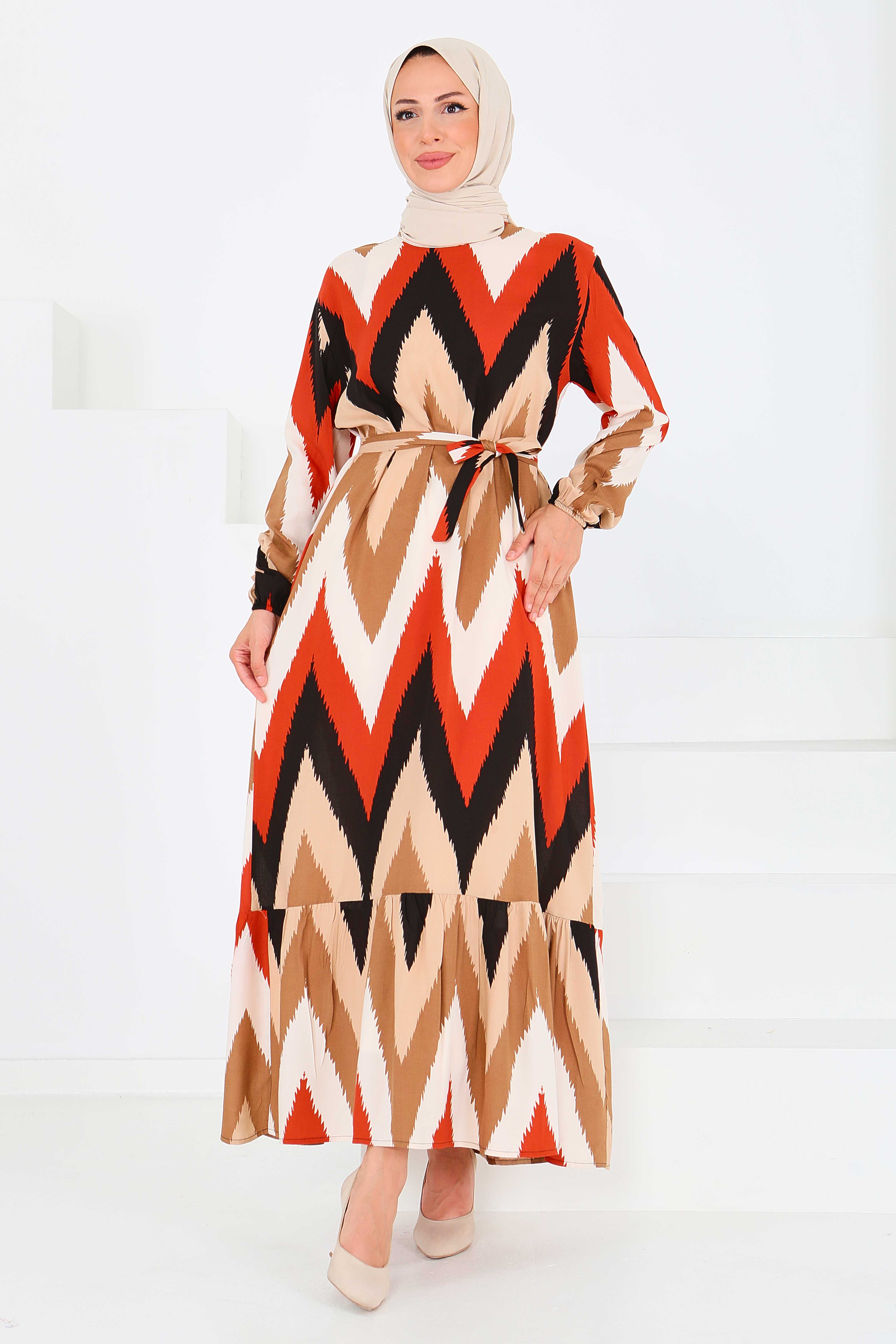 Desenli Kuşaklı Elbise - 27516 - 4