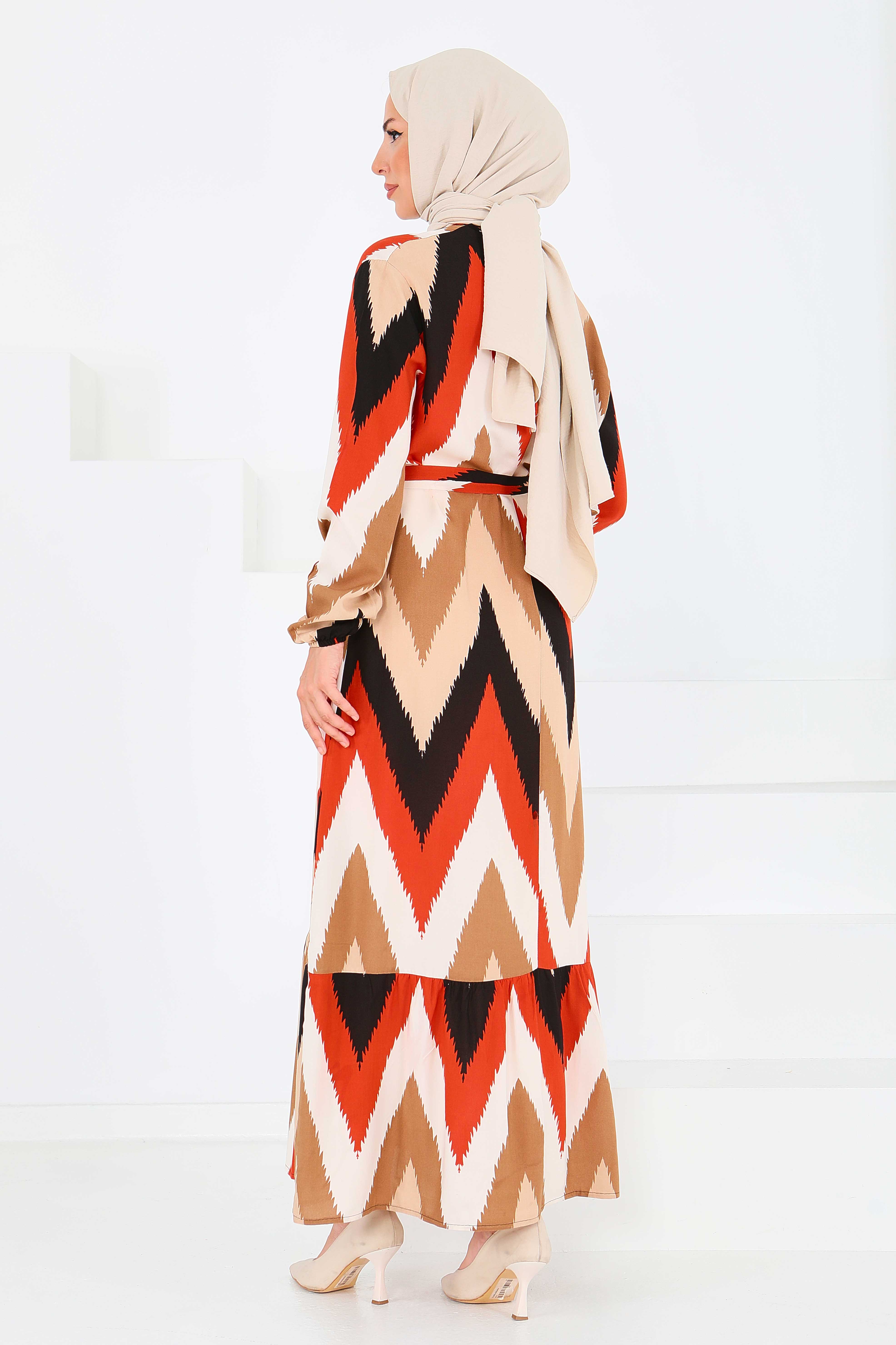 Desenli Kuşaklı Elbise - 27516 - 6