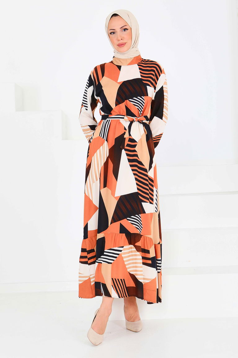 Desenli Kuşaklı Elbise - 27517 - TOFİSA