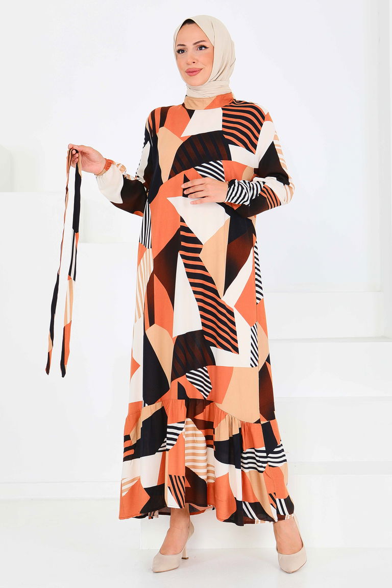 Desenli Kuşaklı Elbise - 27517 - TOFİSA