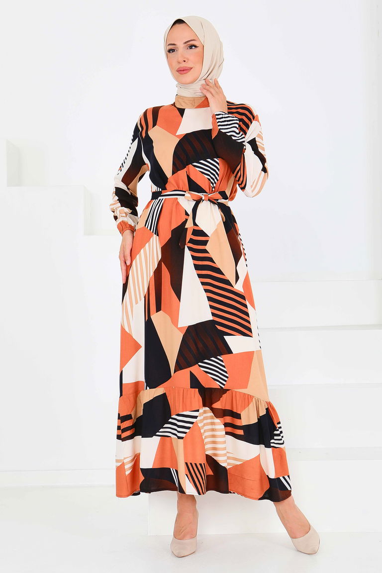 Desenli Kuşaklı Elbise - 27517 - TOFİSA