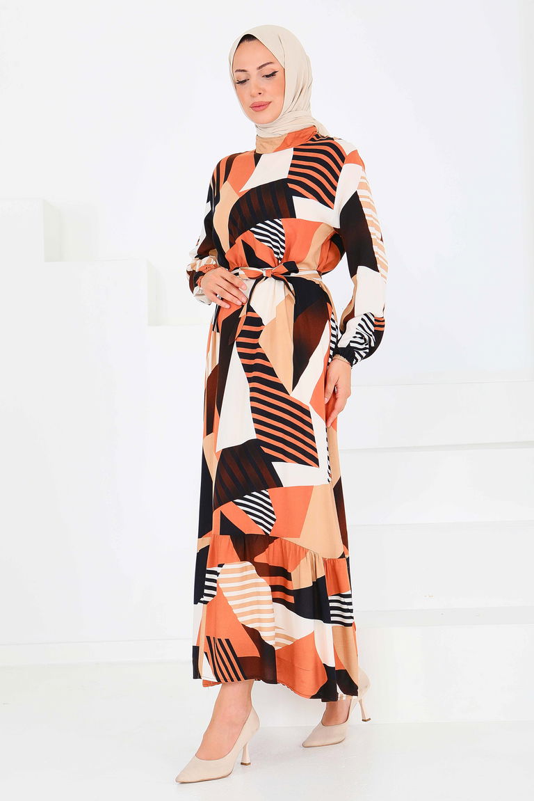 Desenli Kuşaklı Elbise - 27517 - TOFİSA