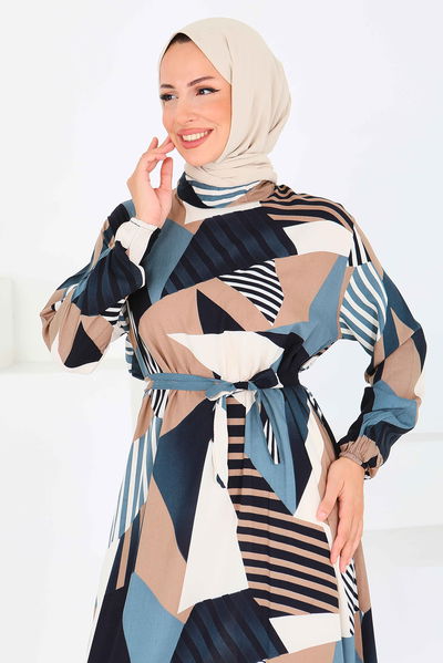 Desenli Kuşaklı Elbise - 27517 