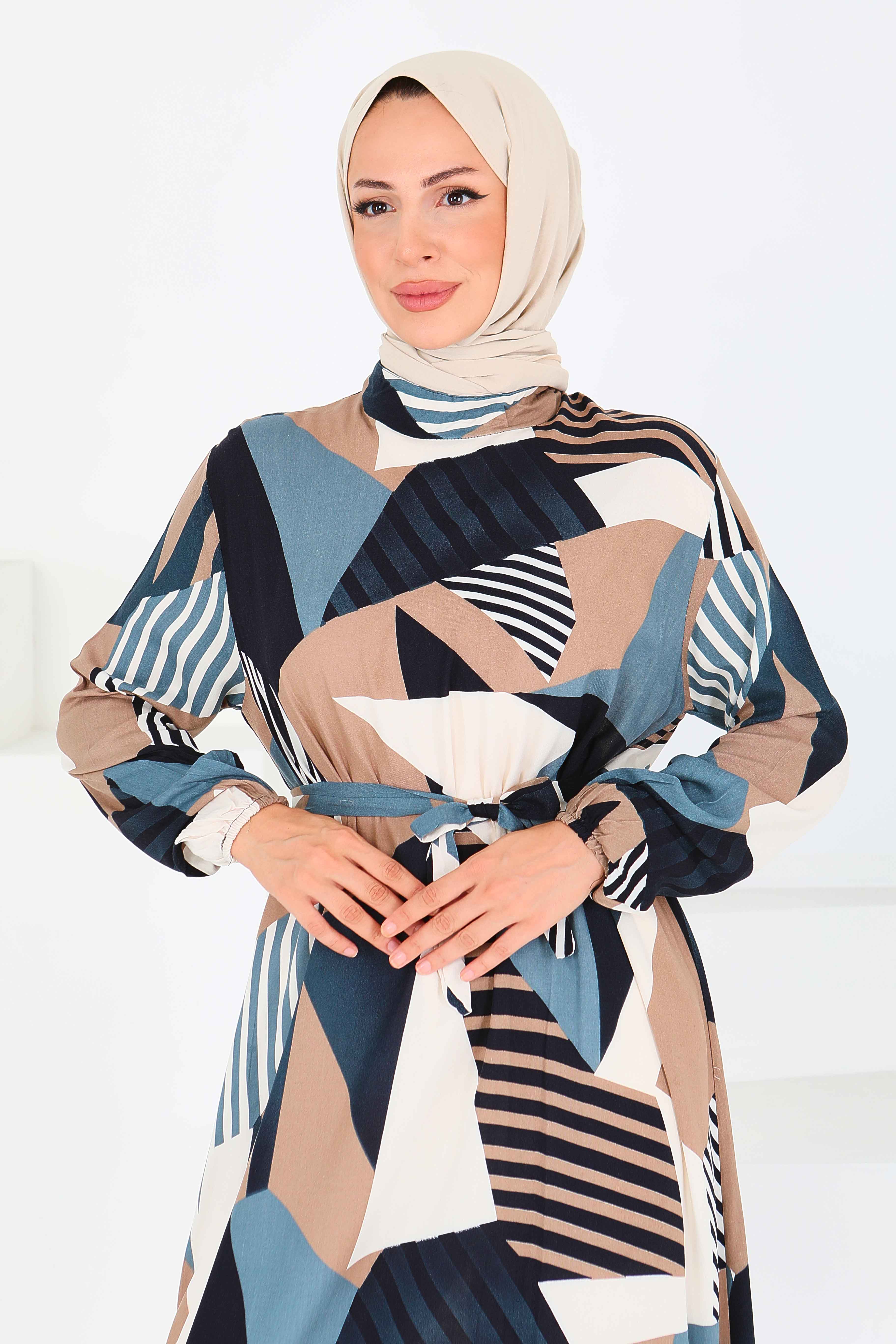 Desenli Kuşaklı Elbise - 27517 - 3