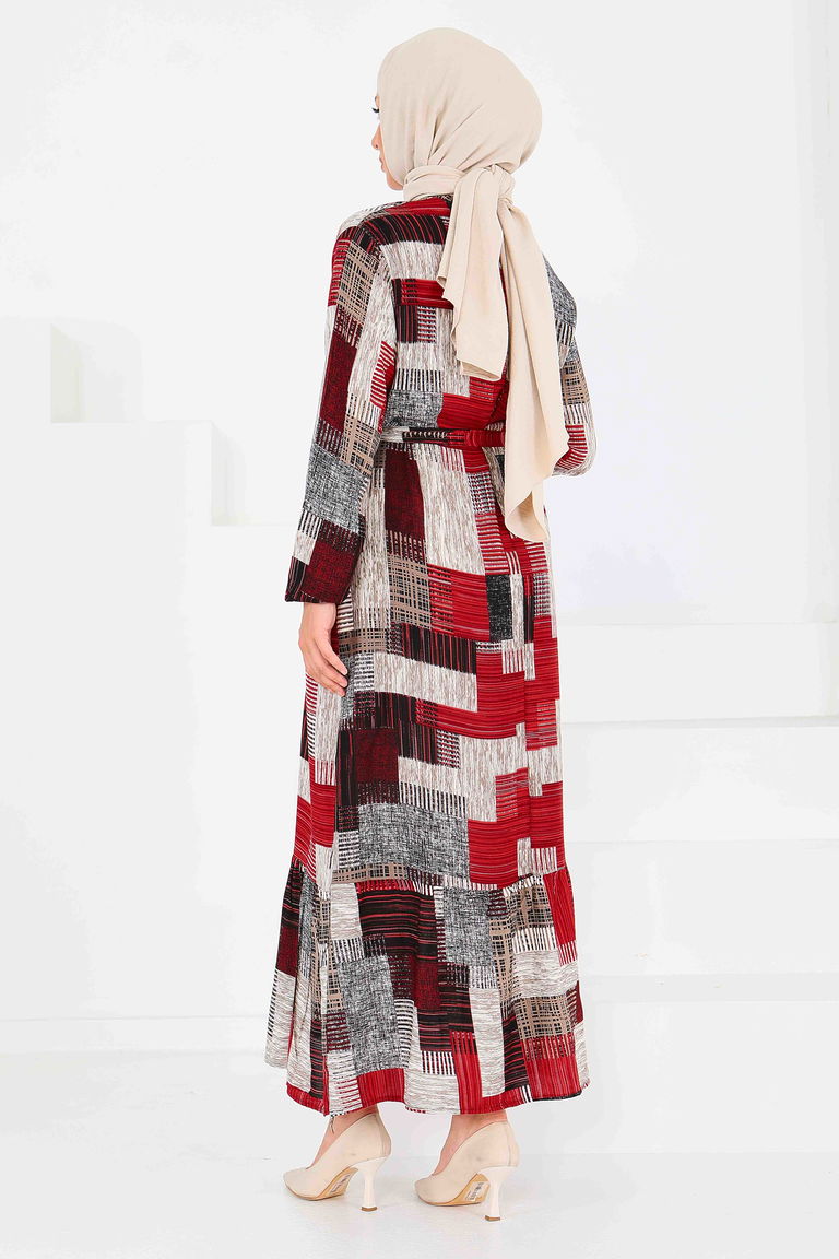 Desenli Kuşaklı Elbise - 27518 - TOFİSA