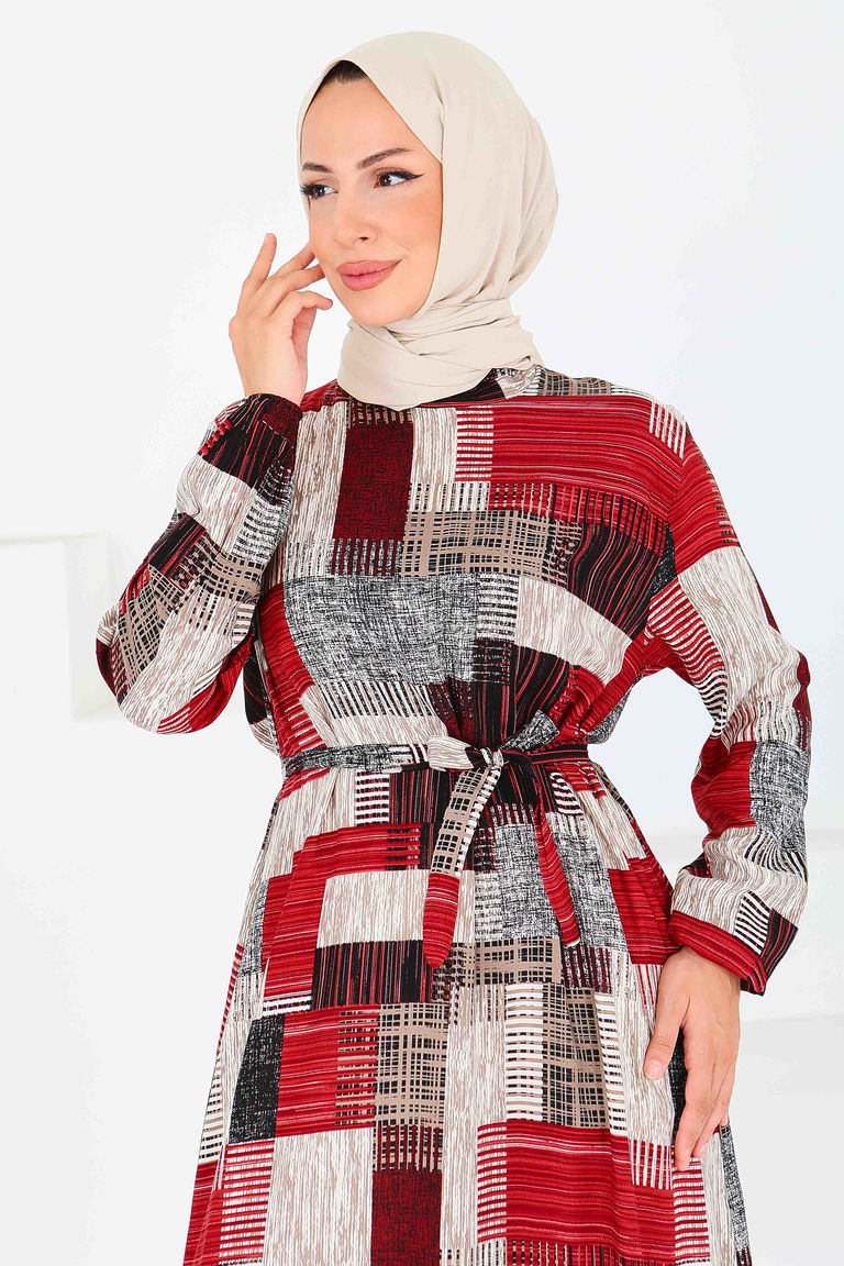 Desenli Kuşaklı Elbise - 27518 - TOFİSA