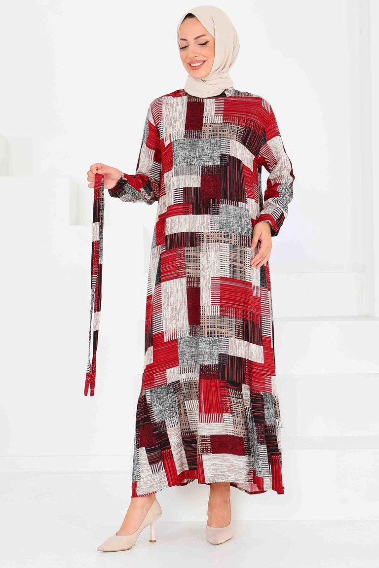 Desenli Kuşaklı Elbise - 27518 - TOFİSA