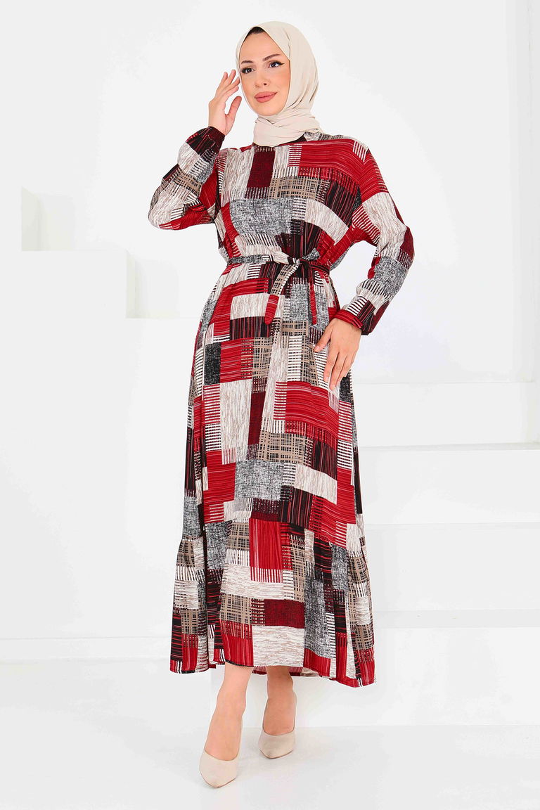 Desenli Kuşaklı Elbise - 27518 - TOFİSA