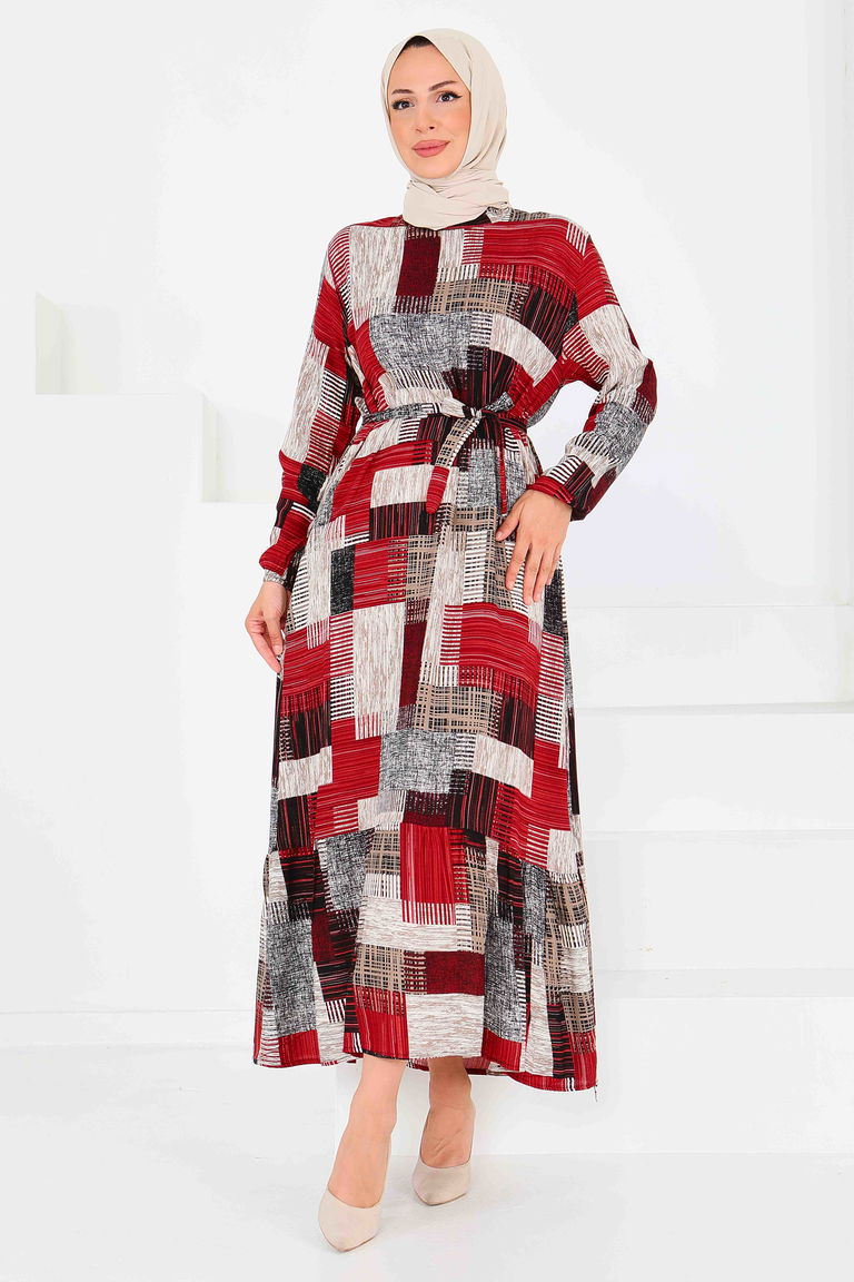 Desenli Kuşaklı Elbise - 27518 - TOFİSA