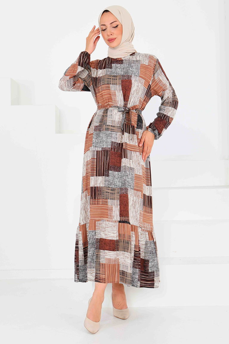 Desenli Kuşaklı Elbise - 27518 - TOFİSA