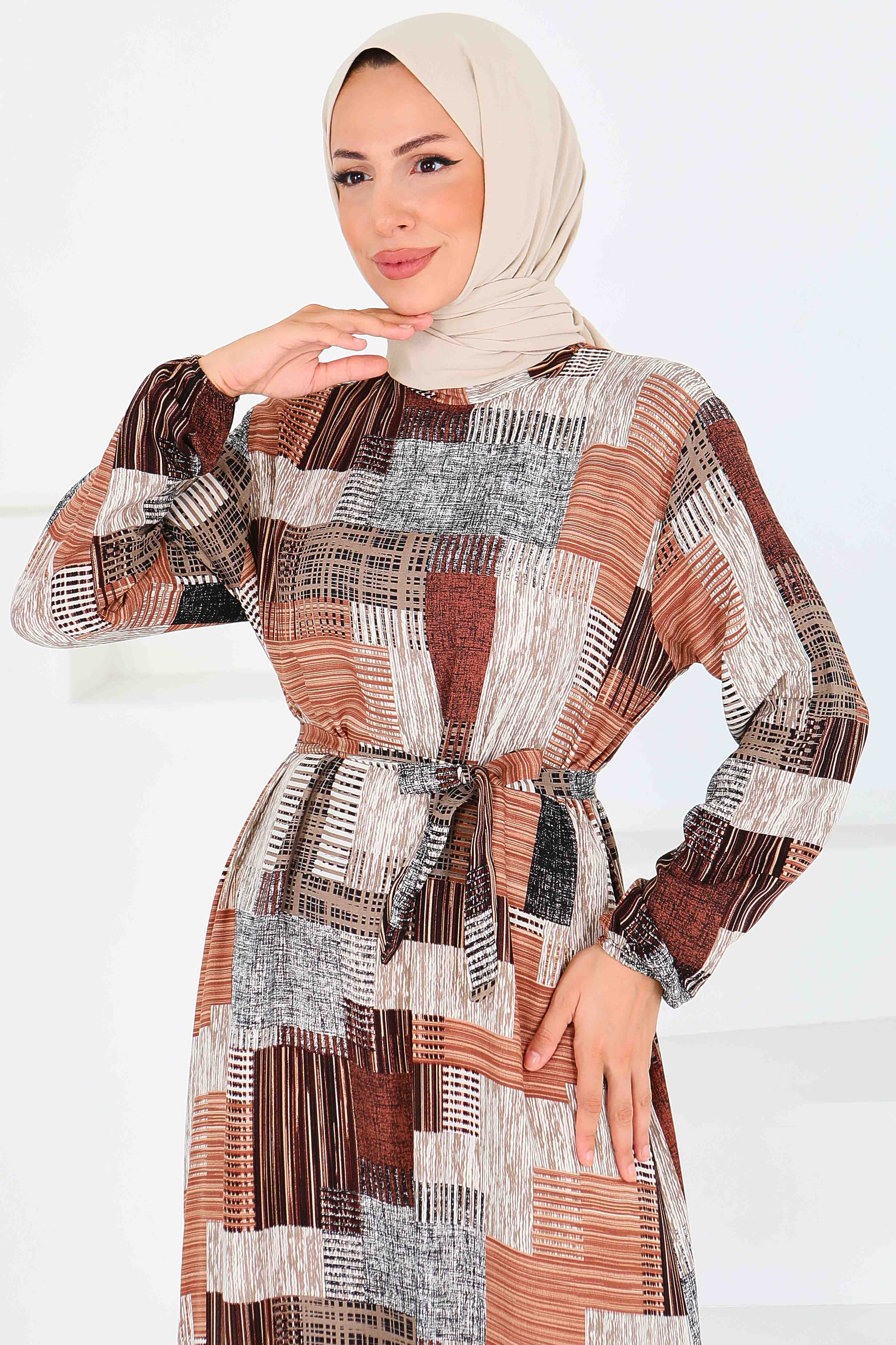 Desenli Kuşaklı Elbise - 27518 - 2