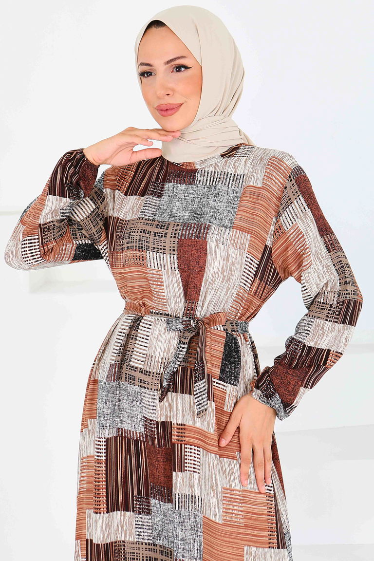 Desenli Kuşaklı Elbise - 27518 - TOFİSA