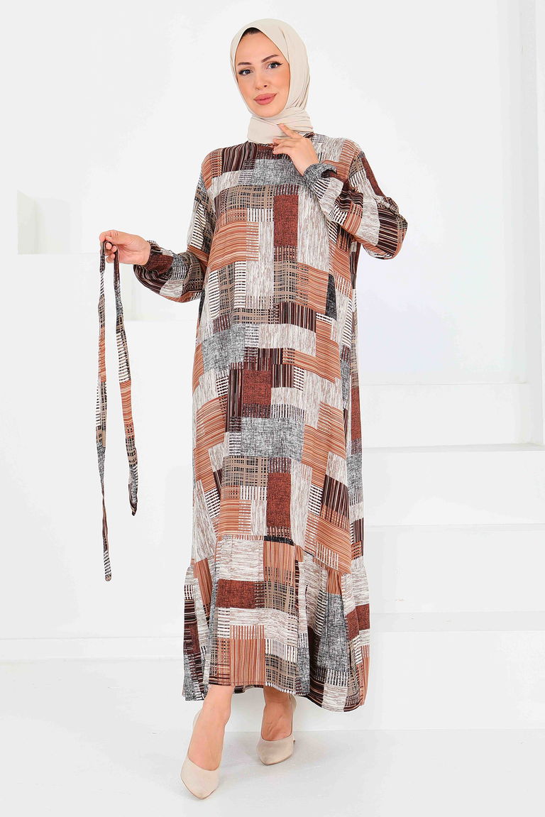 Desenli Kuşaklı Elbise - 27518 - TOFİSA