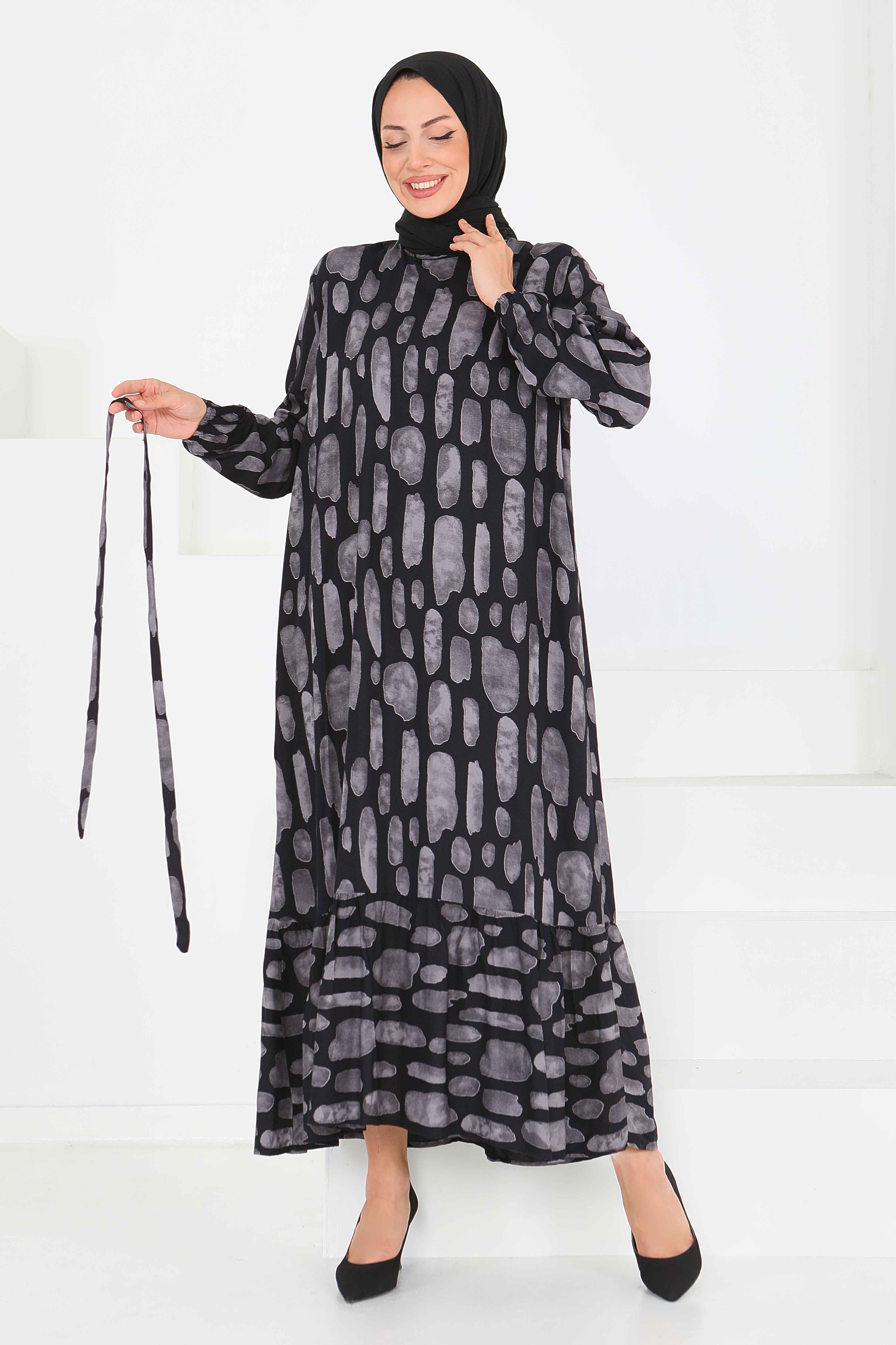 Desenli Kuşaklı Elbise - 27519 - 1