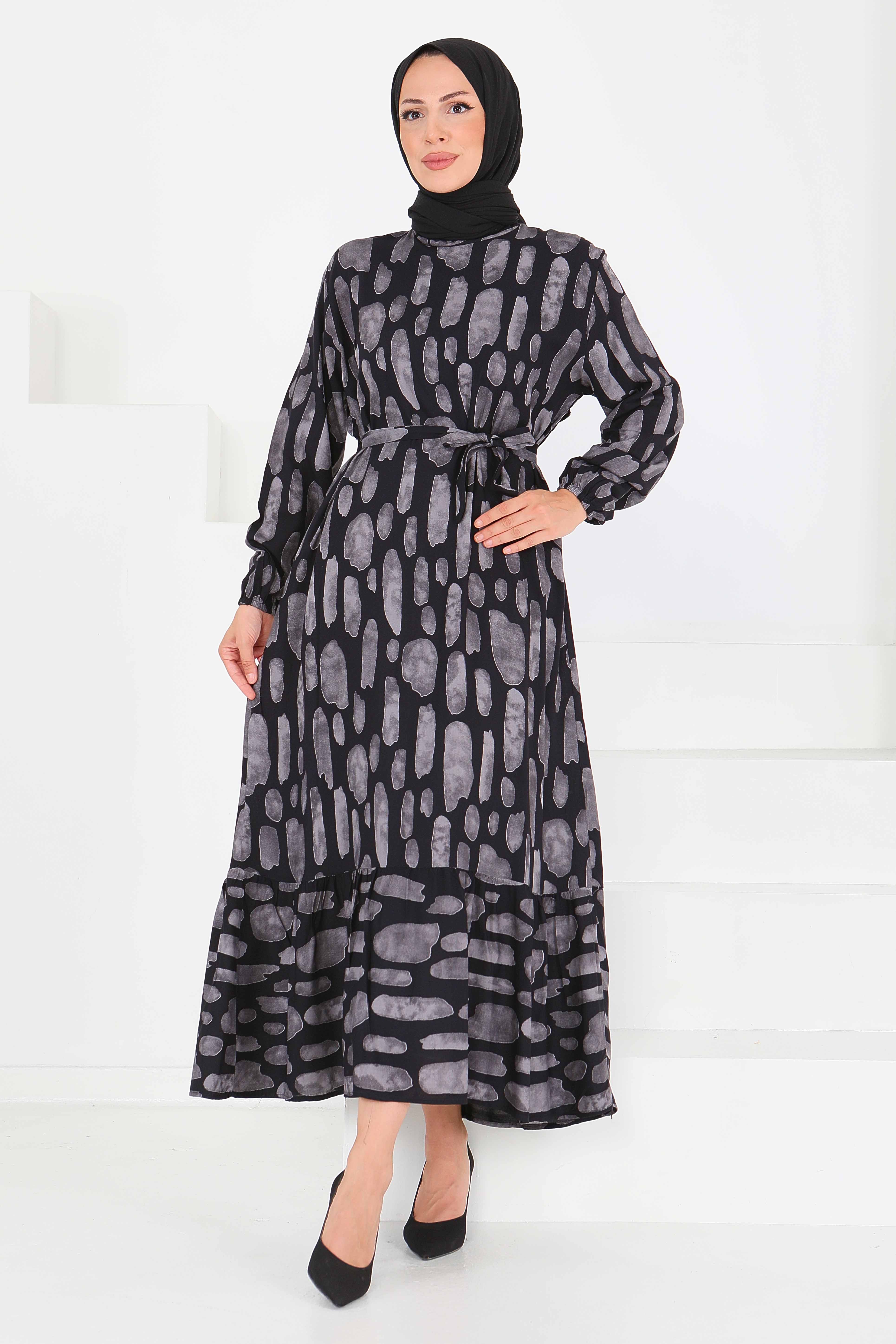 Desenli Kuşaklı Elbise - 27519 - 2