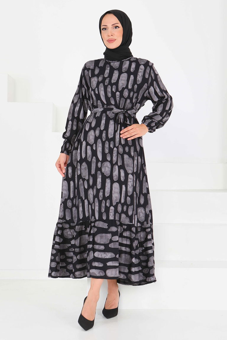 Desenli Kuşaklı Elbise - 27519 - TOFİSA