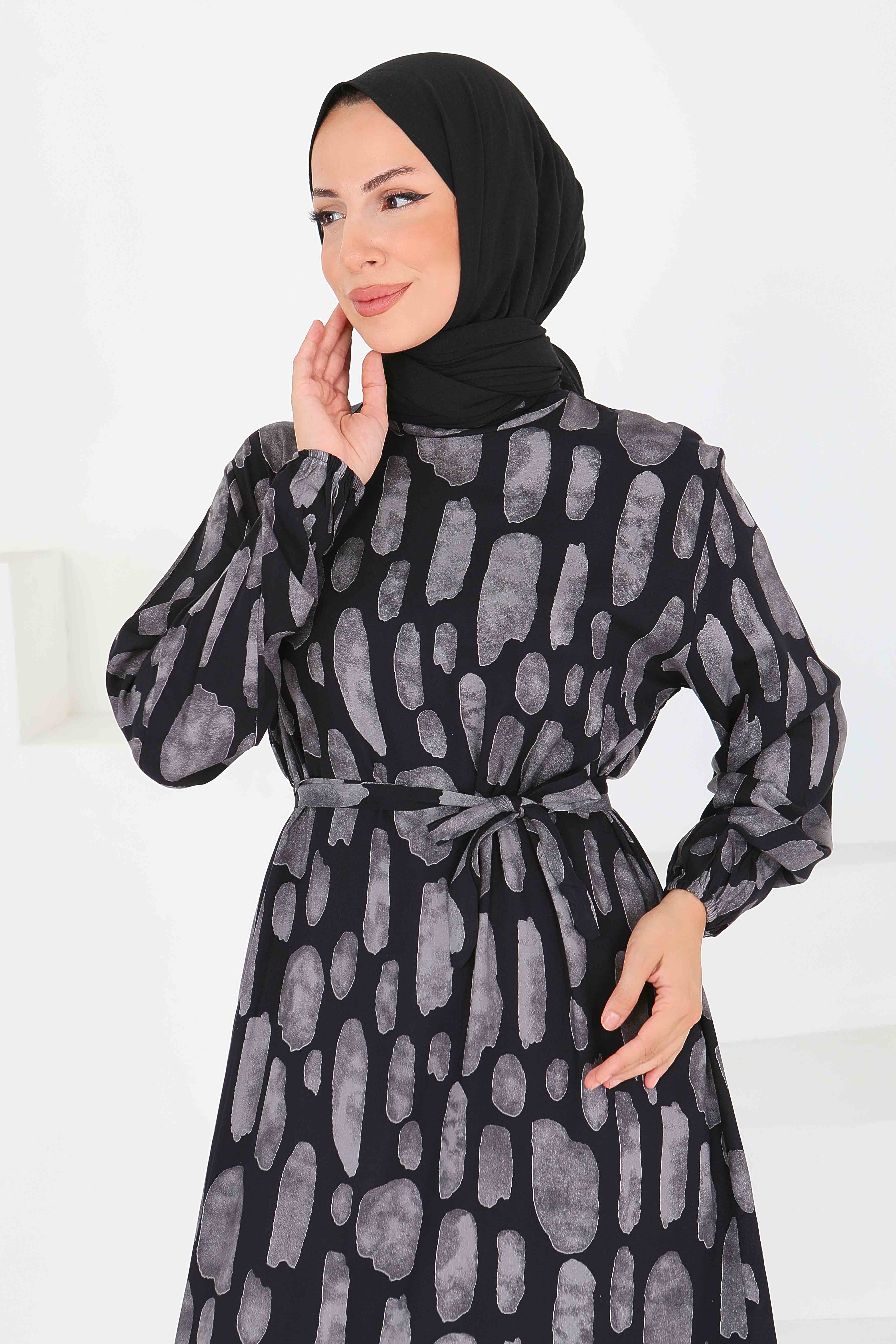 Desenli Kuşaklı Elbise - 27519 - 3