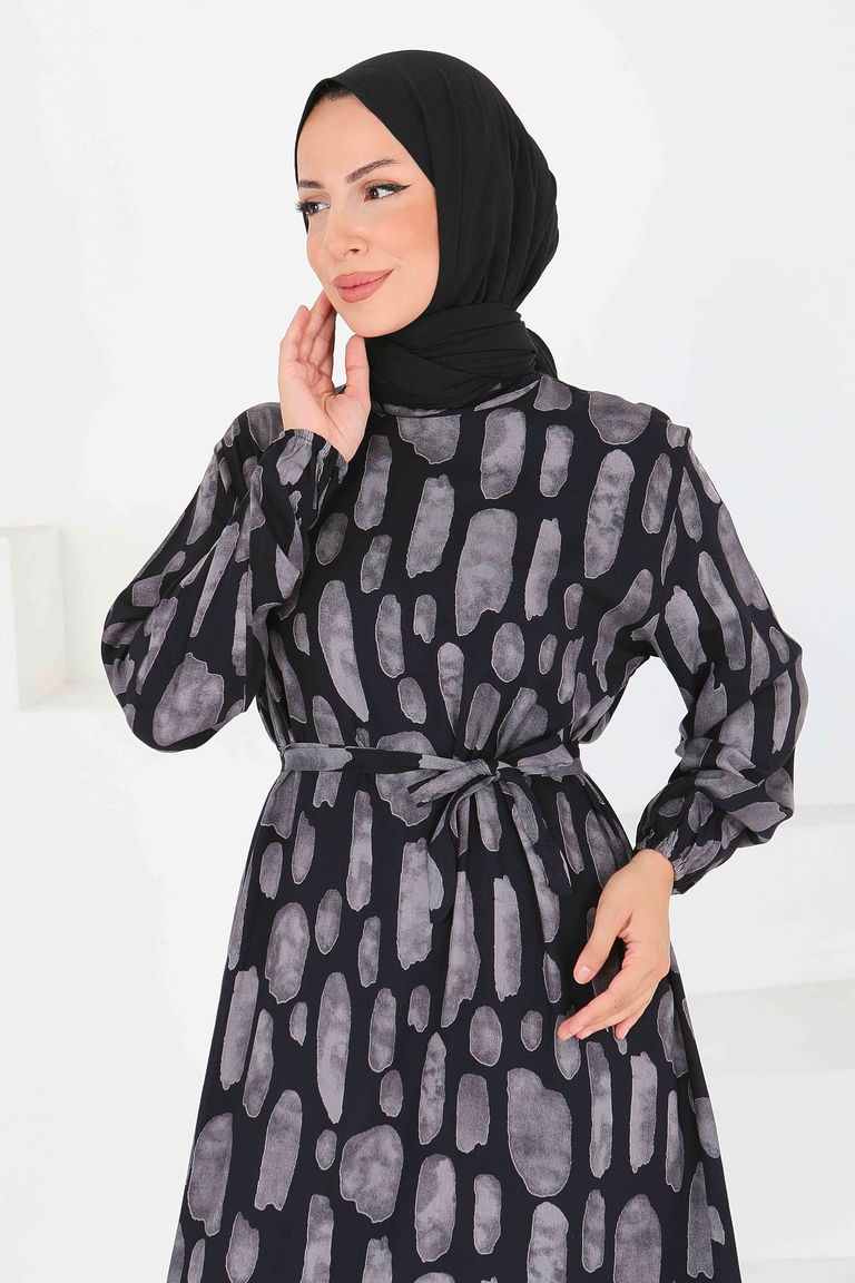Desenli Kuşaklı Elbise - 27519 - TOFİSA