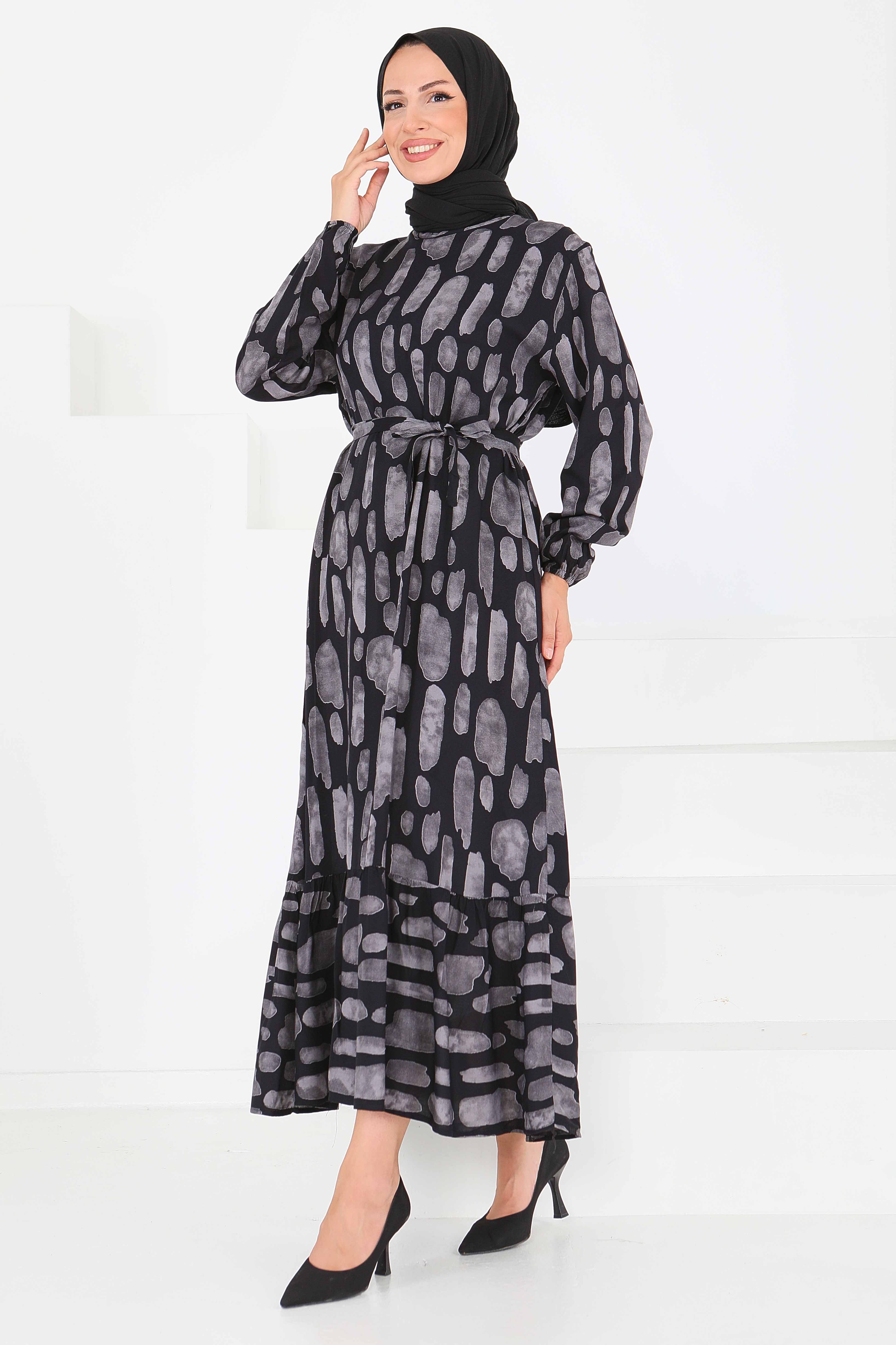 Desenli Kuşaklı Elbise - 27519 - 4