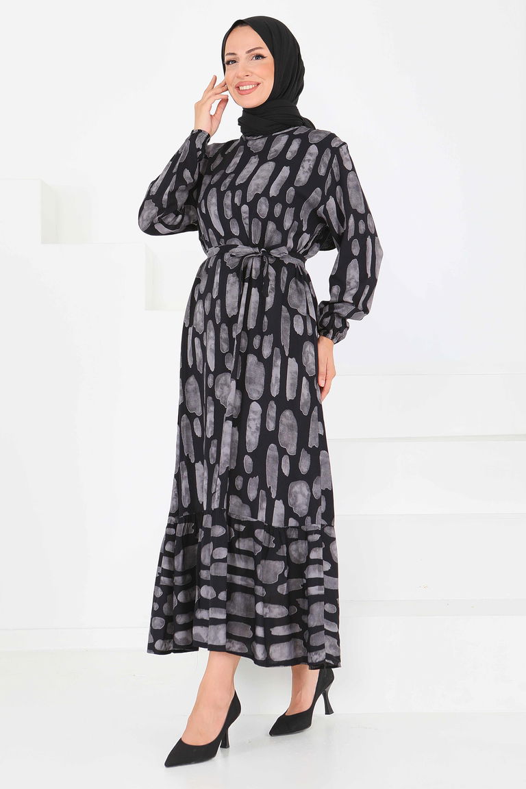 Desenli Kuşaklı Elbise - 27519 - TOFİSA