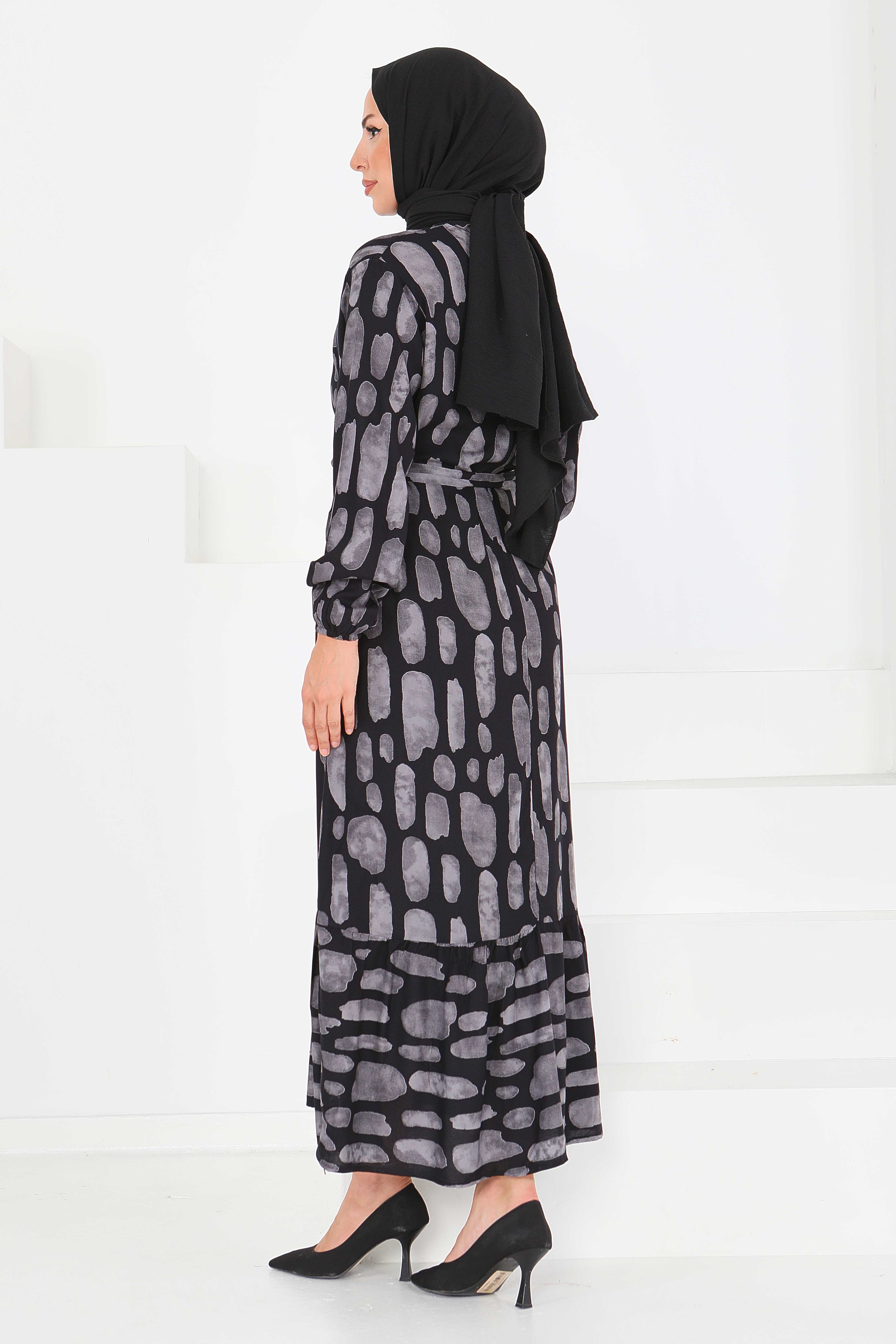 Desenli Kuşaklı Elbise - 27519 - 5