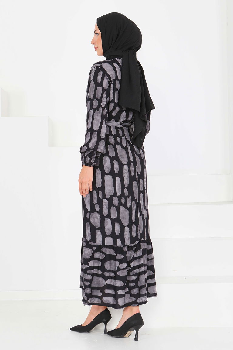 Desenli Kuşaklı Elbise - 27519 - TOFİSA