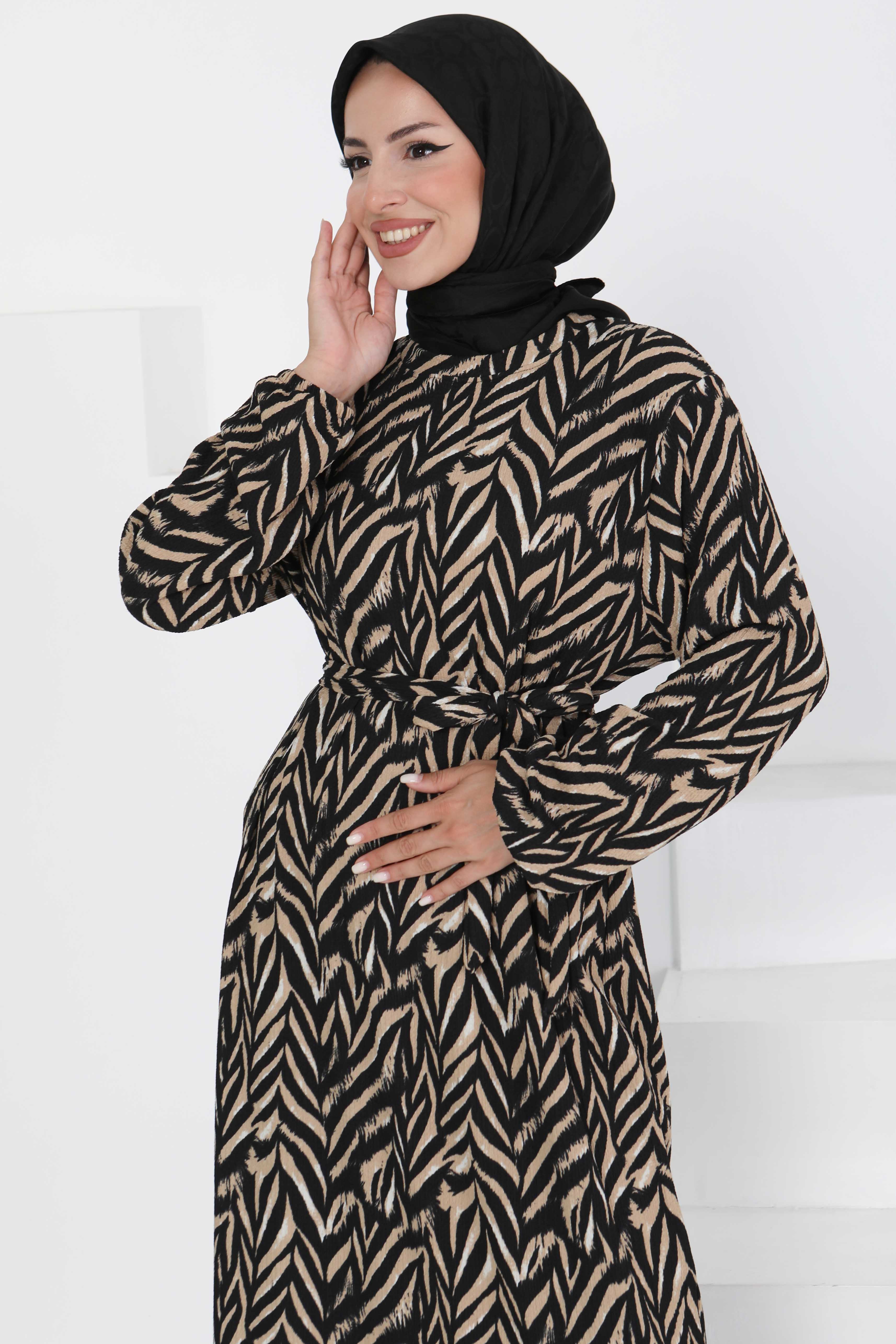 Desenli Kuşaklı Elbise Bej - 27363 - 2