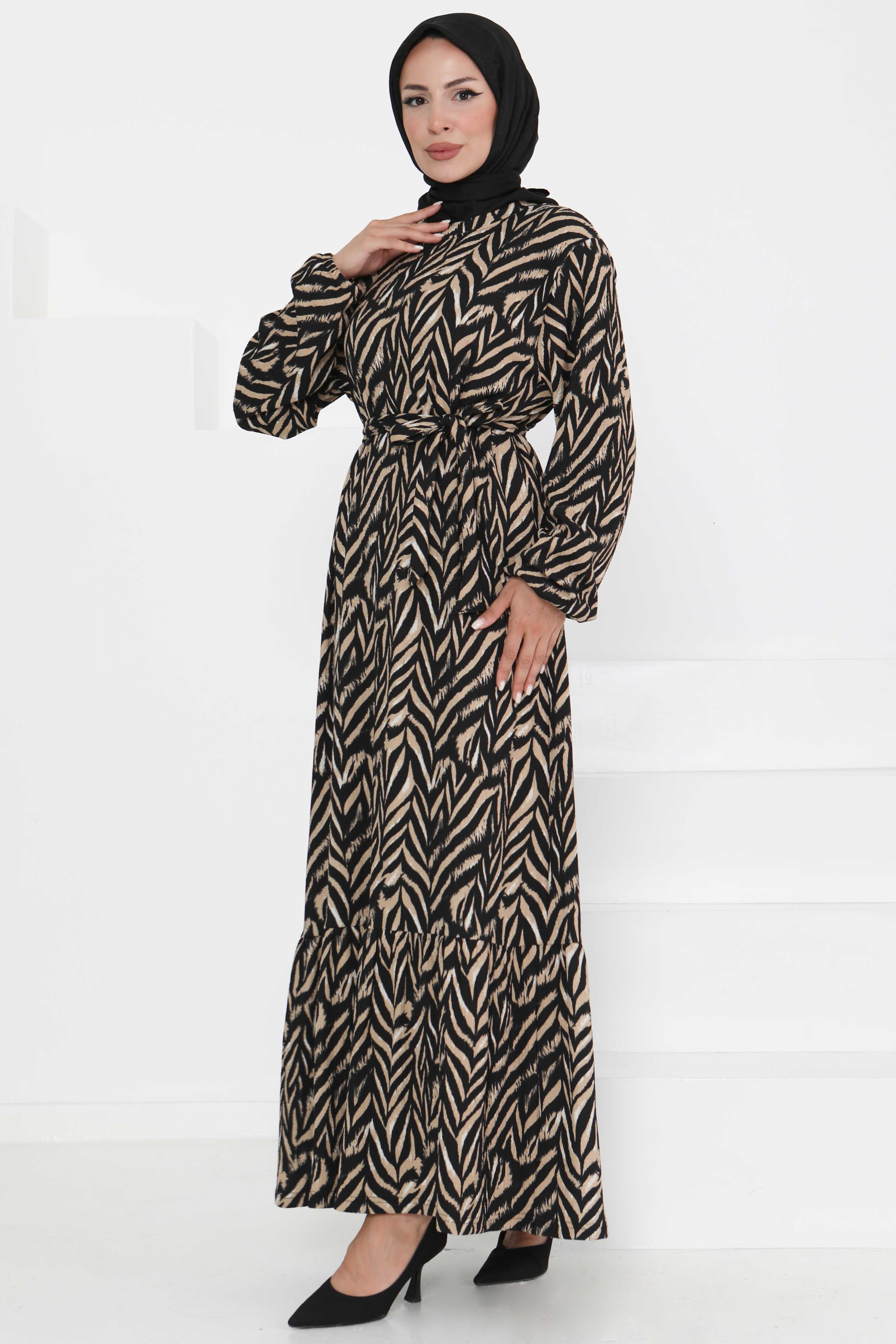 Desenli Kuşaklı Elbise Bej - 27363 - 3