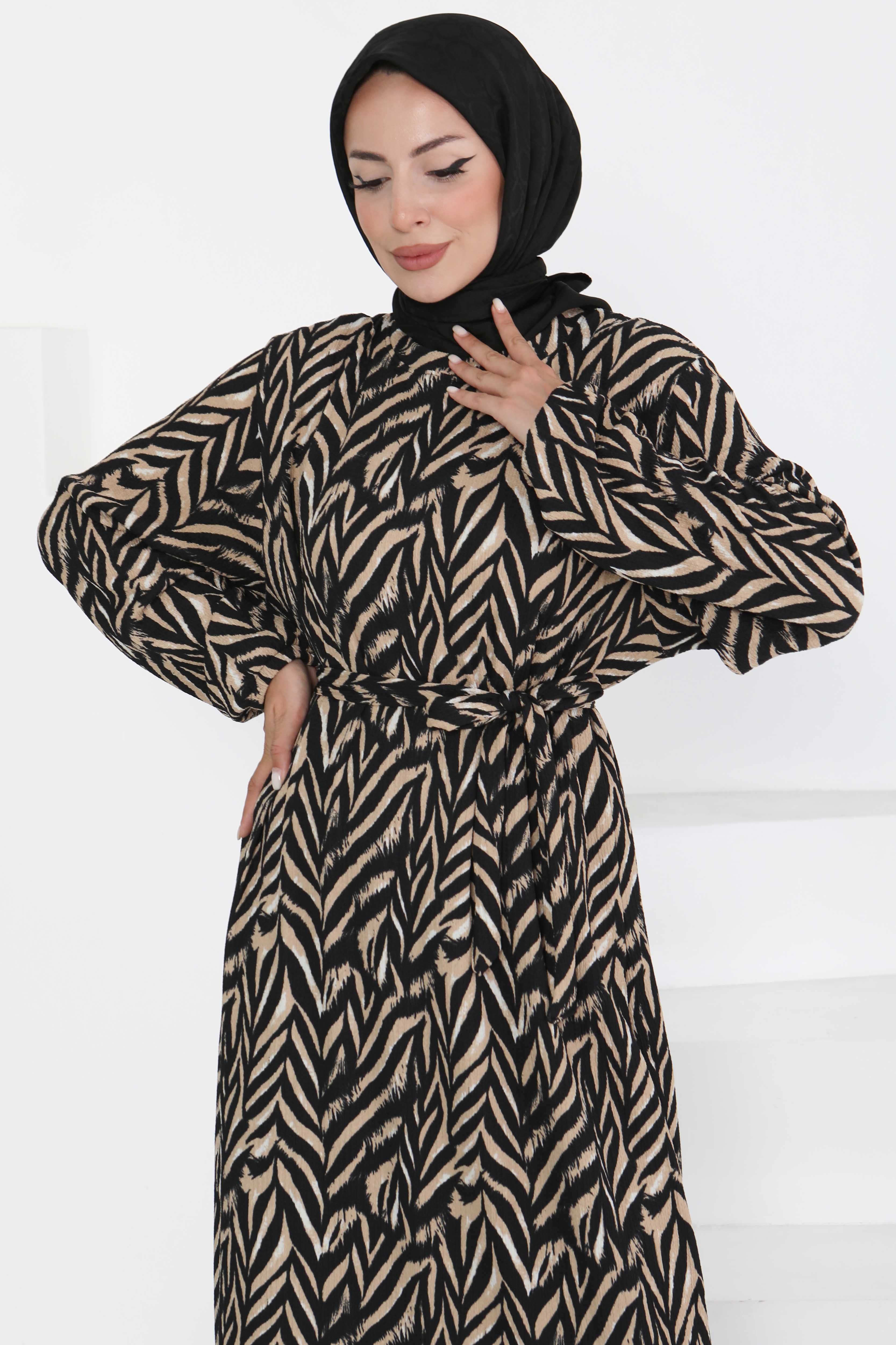 Desenli Kuşaklı Elbise Bej - 27363 - 4
