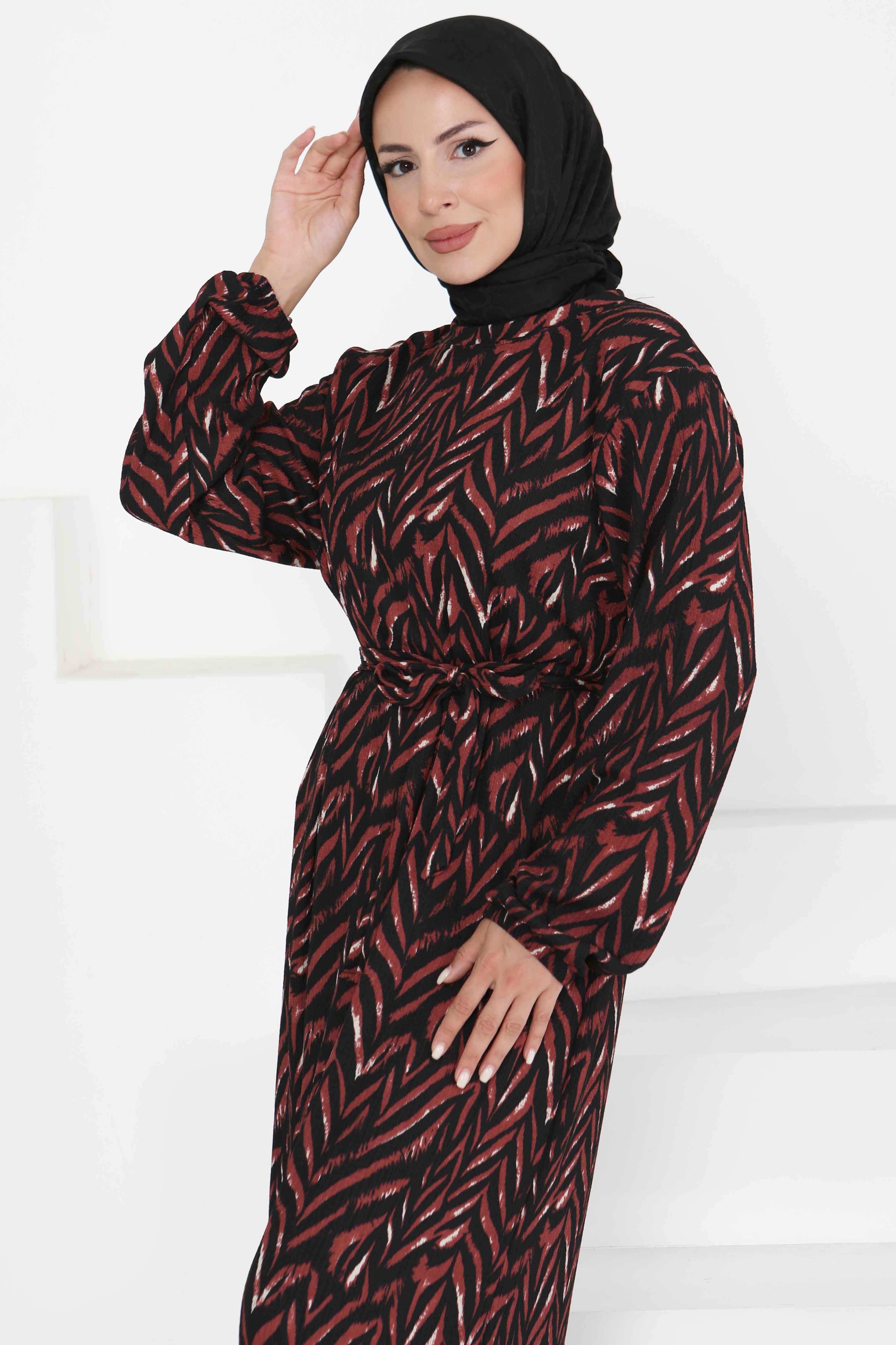 Desenli Kuşaklı Elbise Bordo - 27363 - 1